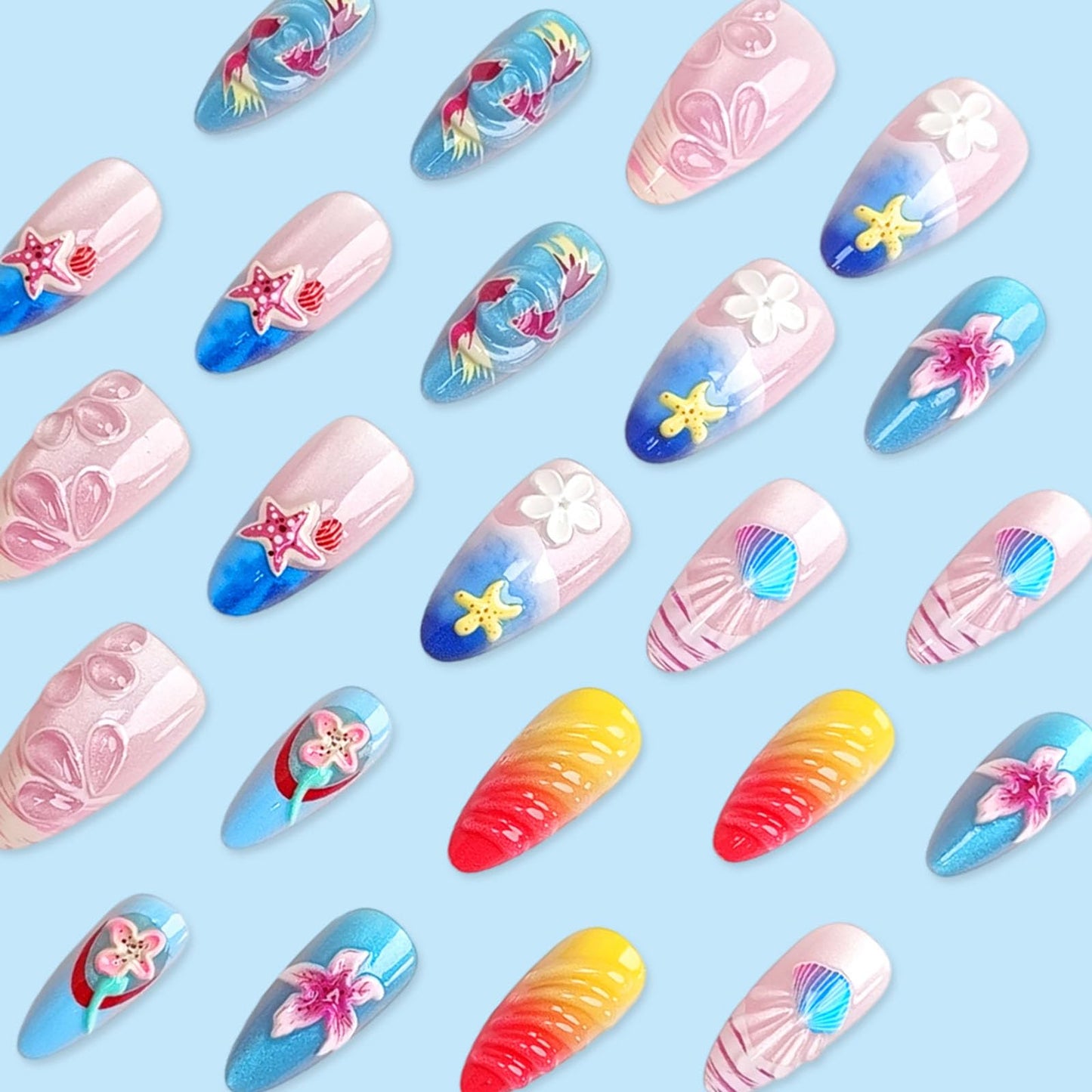RUOKEXIN Almond Press on Nails French Tip Fake Nails Beach False Nails with 3D Flower Shell Designs Medium Nail Press ons Summer Sparkly Artificial Nails for Women 30Pcs
