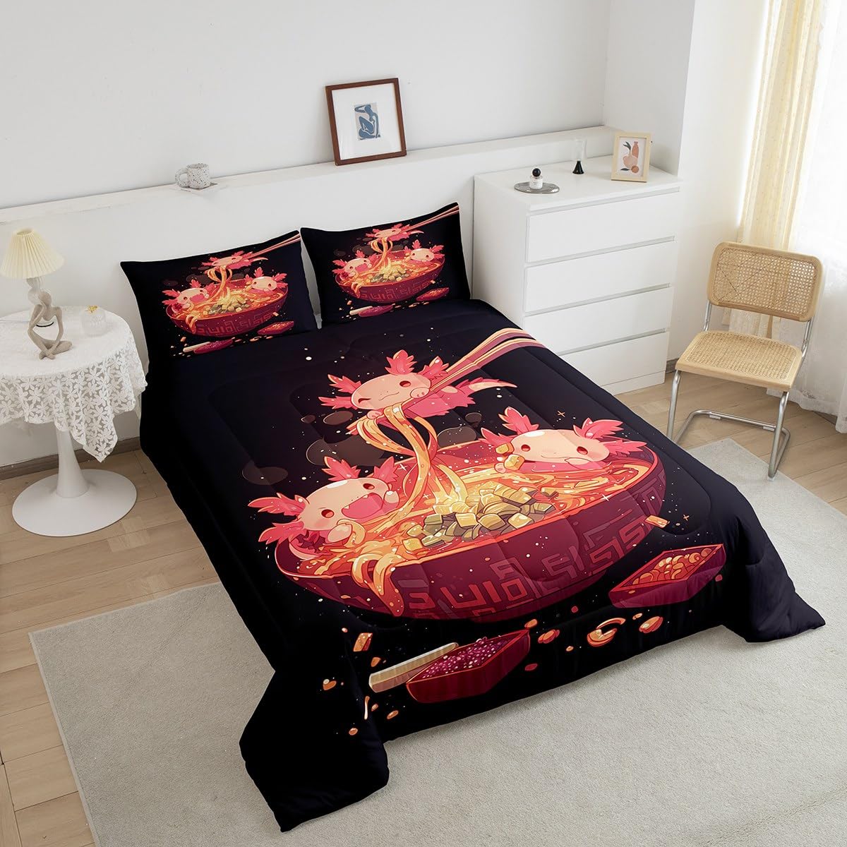 Erosebridal Axolotl and Ramen Bedding Set Queen,Ramen Noodle Comforter Set for Kids Boys Girls,Japanese Food Quilt Bed Set Funny Axolotl Print Bedding Comforter Sets with 2 Pillowcases Room Decor