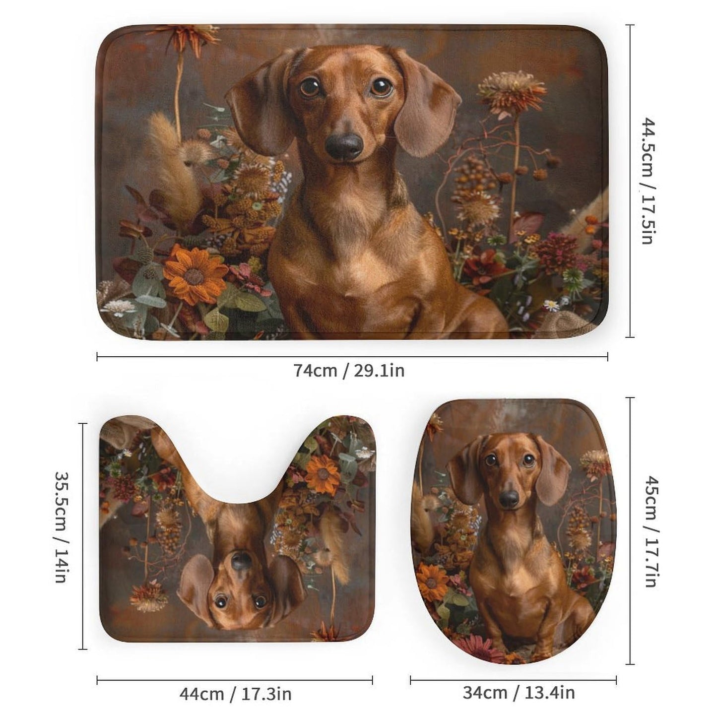 TOWINSFB 4Pcs Cute Dachshund Sunflower Shower Curtain Set with Toilet Lid Cover Non-Slip Rugs for Bathroom, Playful Dog Retro Floral Daisy Shower Curtain Bathroom Sets with Hooks, 72x72 Inch