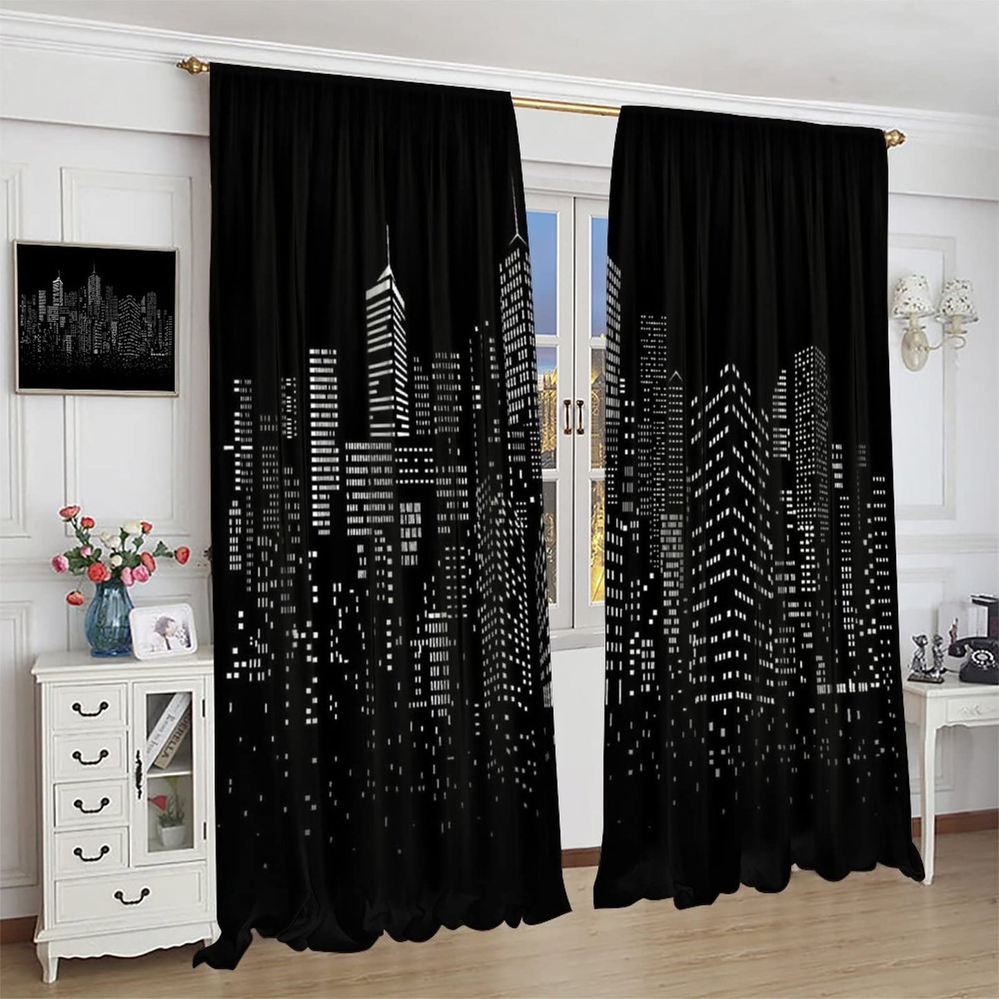 Yearn Jear New York Curtains Black White Modern Night City Window Drapes for Bedroom Living Room Cafe 2 Panels W42 x L45 Inch