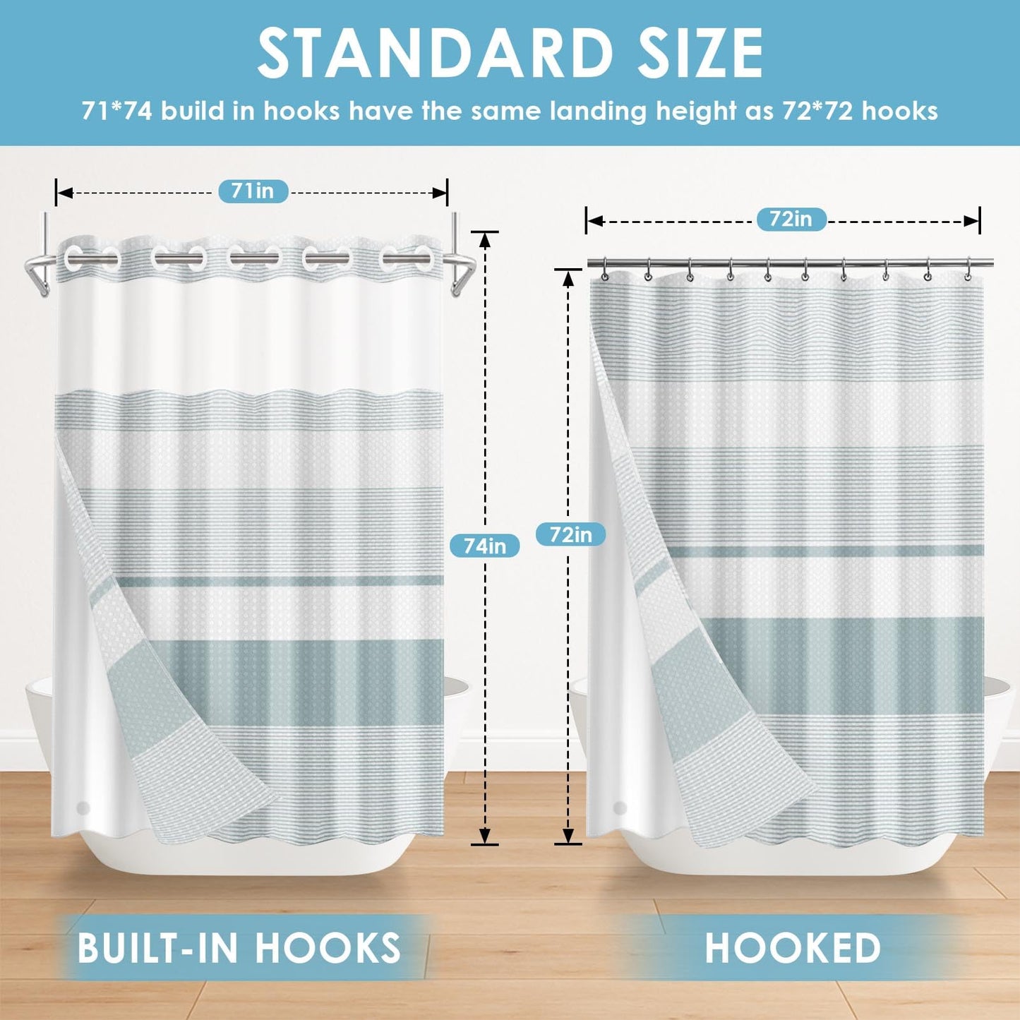 Nesphy No Hook Shower Curtain with Snap in Fabric Liner Set, Teal Striped Waffle Weave Ombre Heavy Duty Bathroom Curtain Set Sheer Mesh Top Waterproof Double Layers Hotel Style, 71x74 Inch