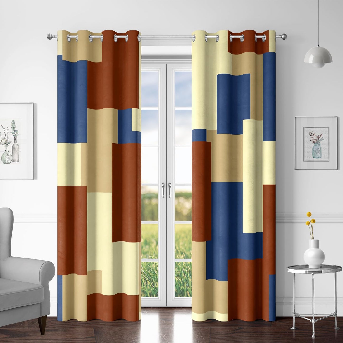 Tyrot Terracotta Blue 100% Blackout Curtains for Bedroom 84 inch Long 2 Panels Set Modern Abstract Geometric Black Out Curtains Insulated Room Darkening Window Drapes for Living Room, 52Wx84L