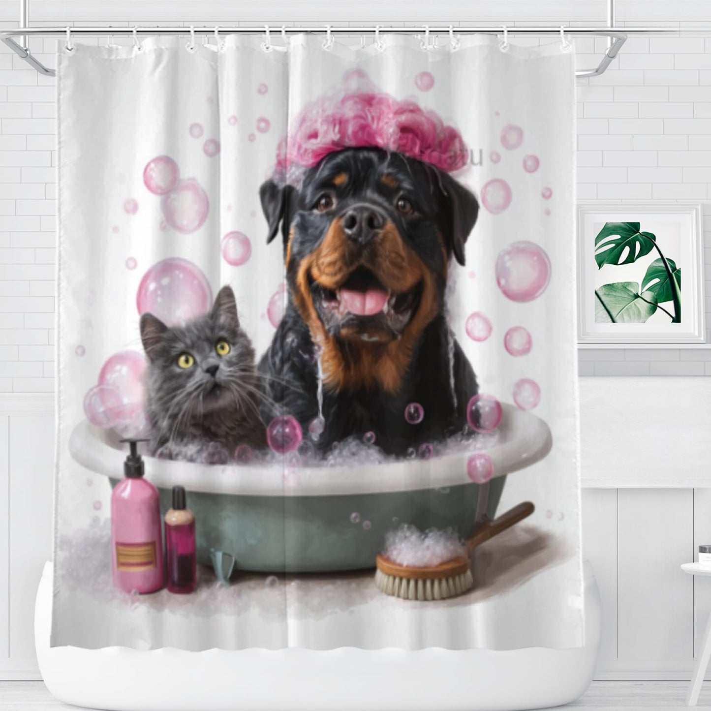 Wordatu Funny Rottweiler Shower Curtain Decor Fabric Bathroom Curtains, Kids Children Cartoon Waterproof 72x72 inch with 12 Hooks