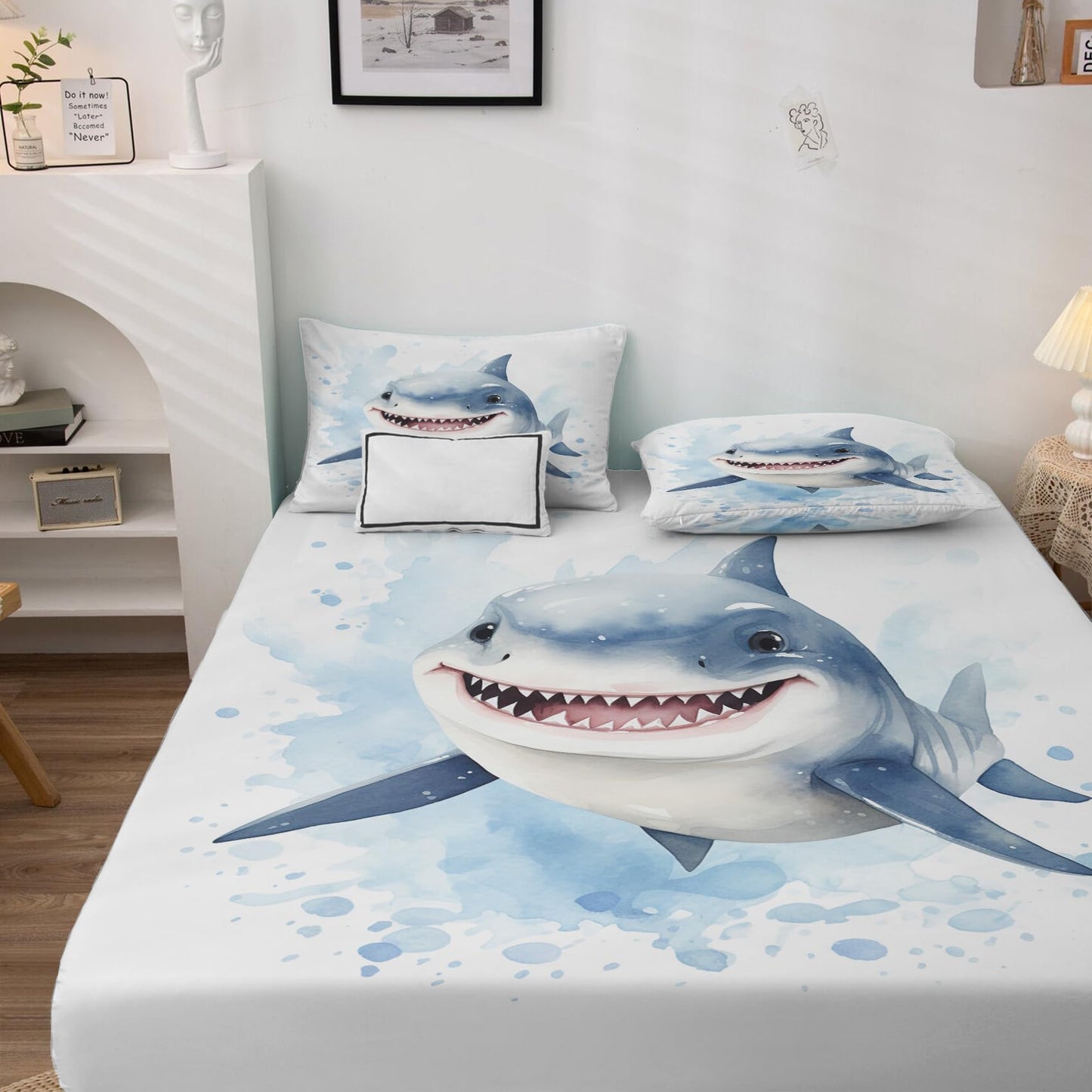 Rejkxyw King Size Sheets Set Blue Shark - Cartoon Bed Sheets - Kids Boys Sheet Set - 12 Inch Deep Pocket - Ultra Soft Winkle Free Microfiber Bedding Sheets & Pillowcases 4 Piece
