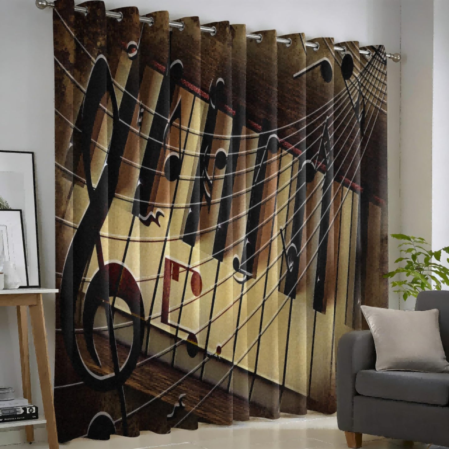 MBVZGUK Retro Nostalgia Piano Keyboard Curtains for Bedroom, 63 Inch Long 2 Panels, Music Note Staff Pattern Curtain Panels, Classic Rustic Brown Vintage Style Window Drapes for Music Studio