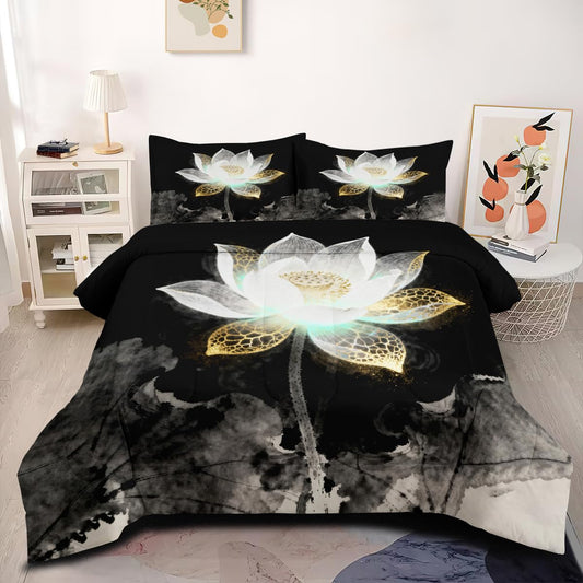 CCoutueChen Black Floral Comforter Set Queen Elegant Vintage White Gold Flower Bedding Set Modern Aesthetic Bedding Comforters Soft Down Alternative Comforter Sets with 2 Pillowcases