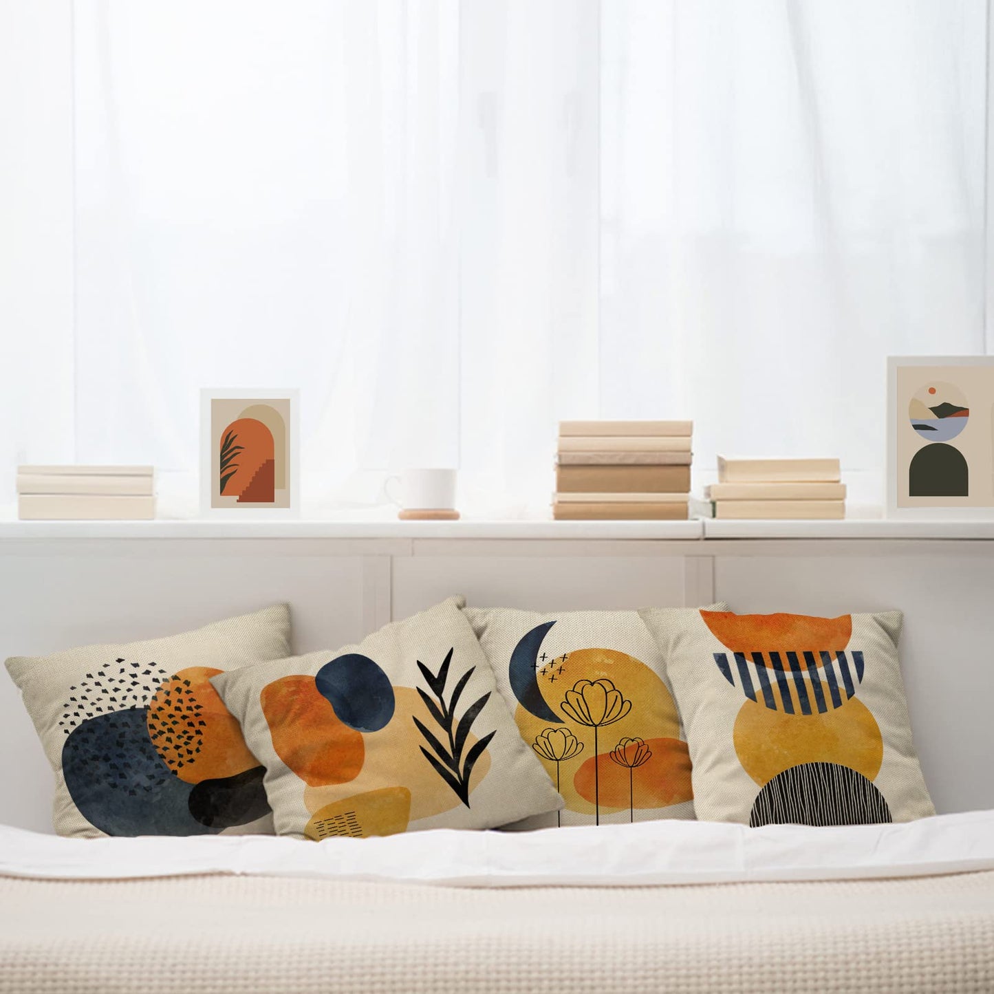 FBCOO Boho Abstract Modern Art Decorative 18 x 18 Throw Pillow Cover Set of 4, Minimalist Geometric Bohemian Sun Moon Decoration, Botanical Plant Square Pillowcase Cushion Case Sofa Couch Home Decor