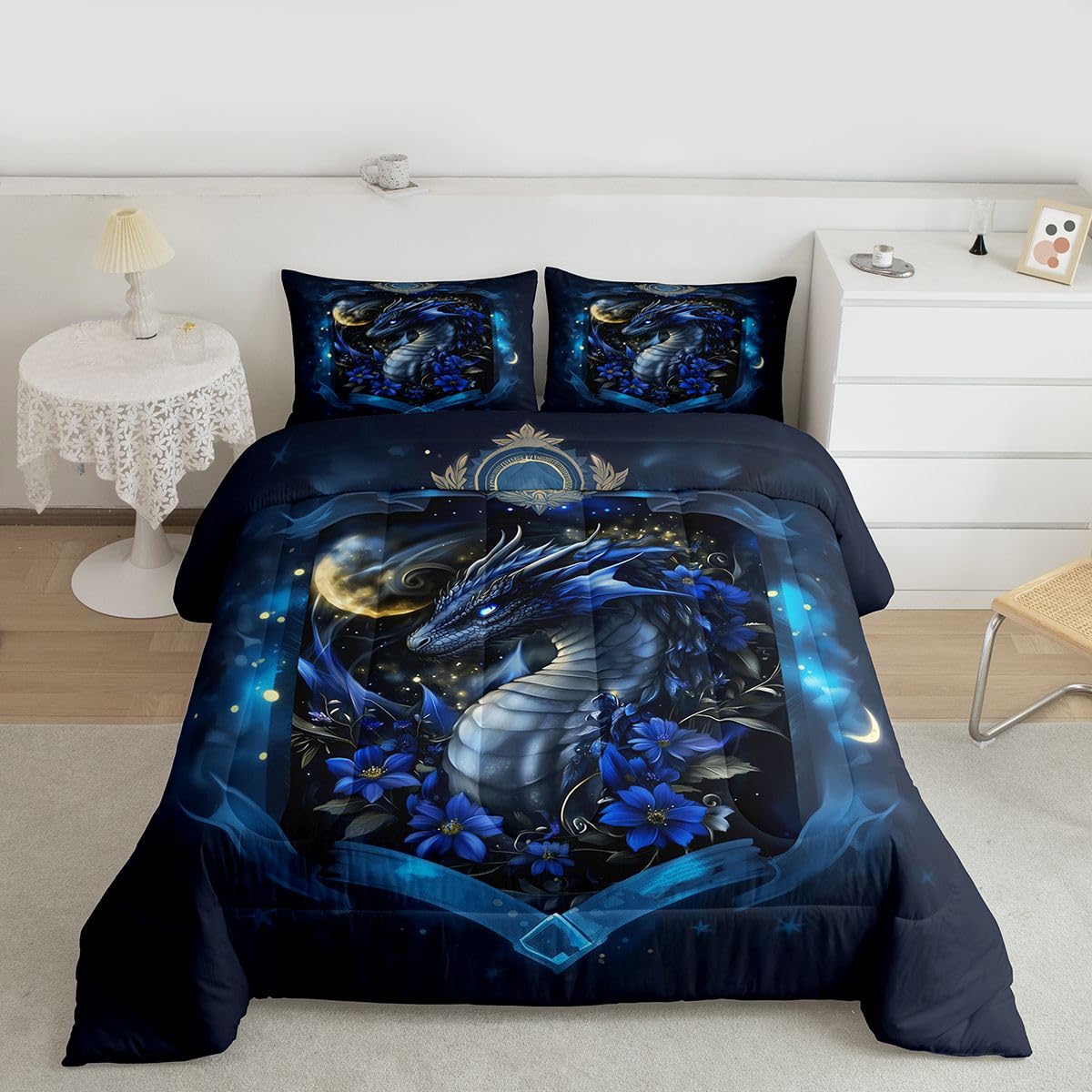 Feelyou Dragon Bedding Set Soft for Boys Girls, Wild Life Comforter Set Twin Size Jungle Dragon Duvet Quilt Microfiber Wild Animal Bedroom Decor Dull Blue 2 Pcs with 1 Pillow Cases