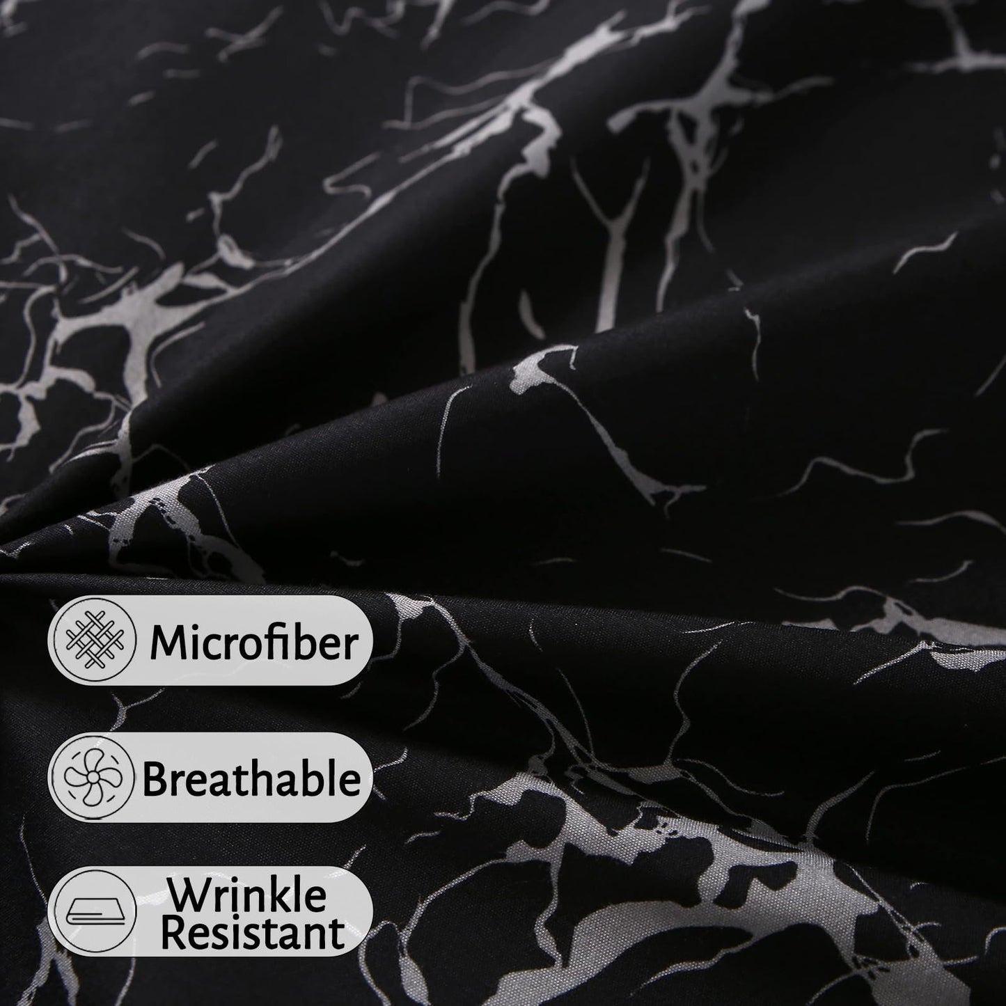 MAG 3PCS Black Marble Fitted Sheet Queen,Soft Microfiber Bed Sheets Included 1 Fitted and 2 Pillowcases,14 Inches Deep (Queen, Black)