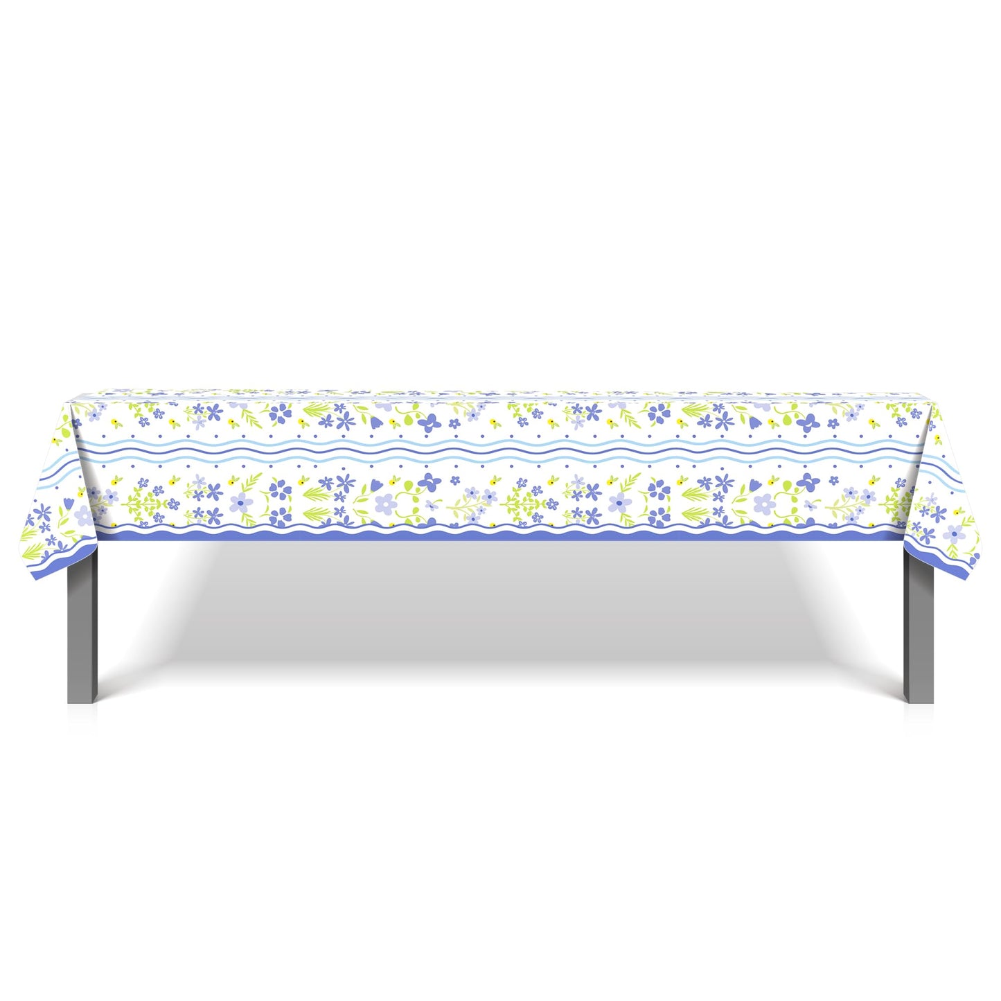 CC HOME 1Pc Blue Flowers Party Plastic Tablecloth 54 x 87 Inch Long Table Cover, Fresh Wildflowers Party Tablecover for Floral Theme Kids Baby Shower Birthday Dinner Picnic Kitchen Event