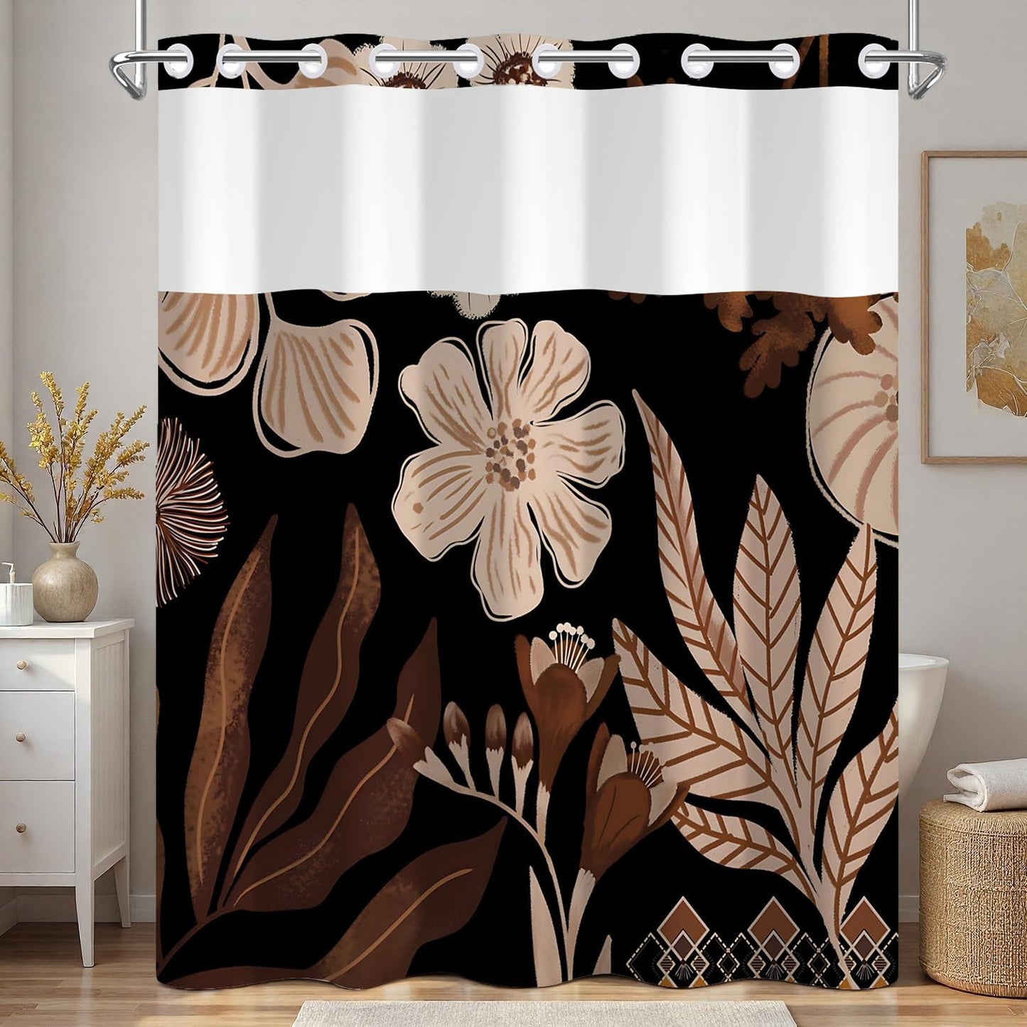 Xiazhilaio Dark Floral Shower Curtain No Hooks with Liner - 71″W x 74″L Waterproof Fabric with Mesh Top Window, Abstract Botanical Plant Leaves Pattern Bath Curtain for Boho Modern Bathroom Decor