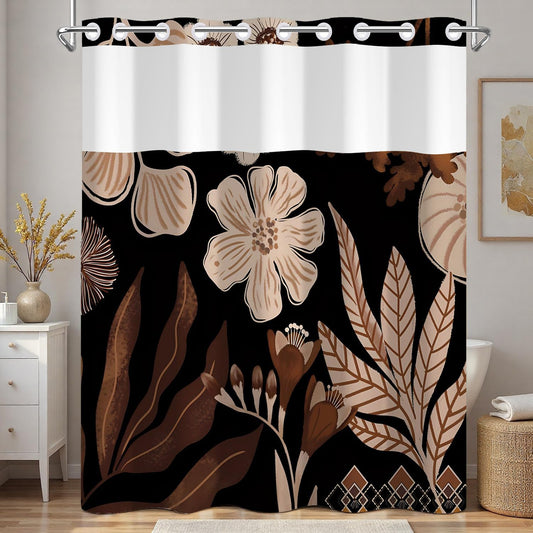 Xiazhilaio Dark Floral Shower Curtain No Hooks with Liner - 71″W x 74″L Waterproof Fabric with Mesh Top Window, Abstract Botanical Plant Leaves Pattern Bath Curtain for Boho Modern Bathroom Decor