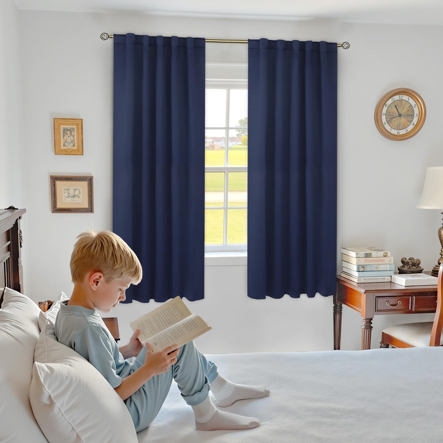 BGment Rod Pocket and Back Tab Blackout Curtains for Bedroom - Thermal Insulated Room Darkening Curtains for Living Room, 42x63 inch, 2 Window Curtain Panels, Navy Blue