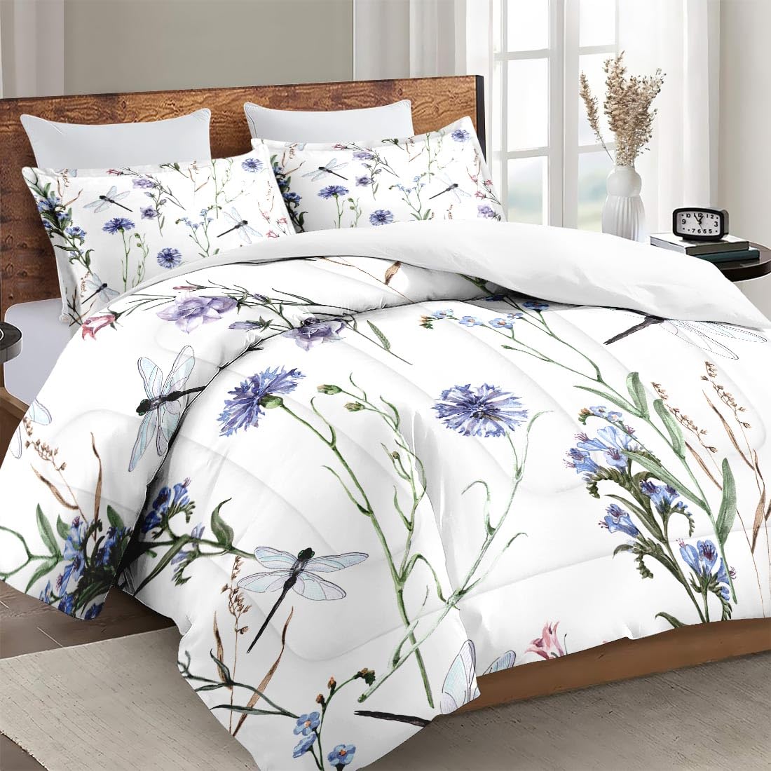 WeCozy Queen Size Comforter Set with 2 Pillowcases, Wildflower Botanical Herb Plant Leaf Floral Flower Painting Dragonfly Soft 3 Pcs Bedding for Kids and Adults Bedroom Bed Decor