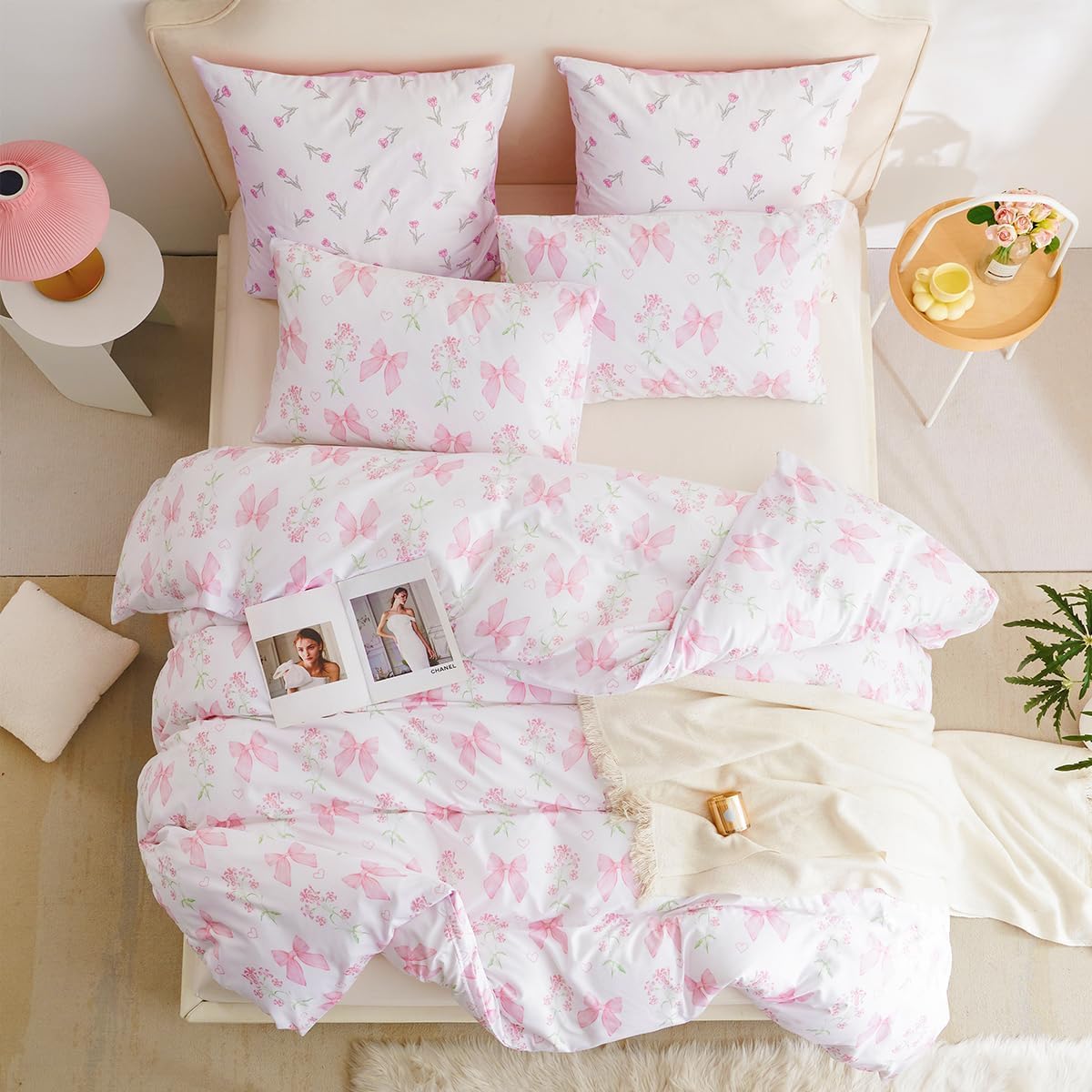 Sedefen Floral Duvet Cover Set Queen Size, 3 Pieces Pink Bow Bedding Set with Cute Heart Pattern, Romantic Spring Botanical Flower Soft Microfiber Duvet Cover for Kids Girls Bedroom & Princess Decor
