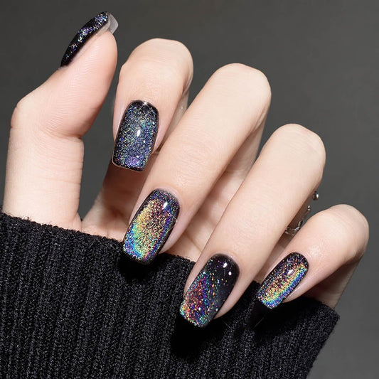 evpct Black Chrome Metallic Cat Eye Press on Nails Medium Square No Glue, Stick on Nails Medium Square for Women, Black Metallic Nail press ons, Iridescent Glitter Halloween Acrylic Fake Press on Nail