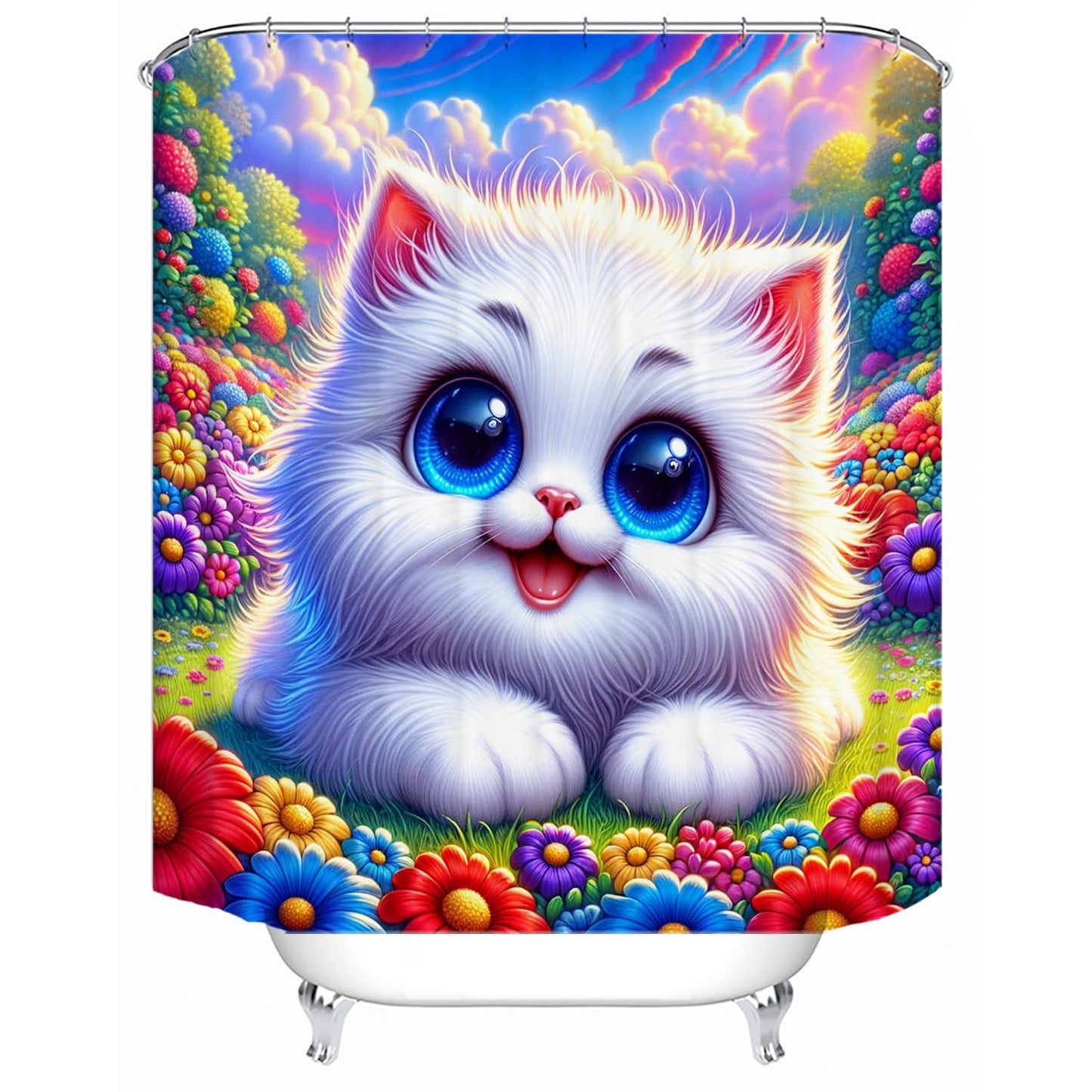 LYFANS Bathroom Using White Cat 3D Shower Curtains, Deluxe Bathtub Standard Shower Curtain, Waterproof and Bright Fabric Shower Curtain Size (72x72 Inches)