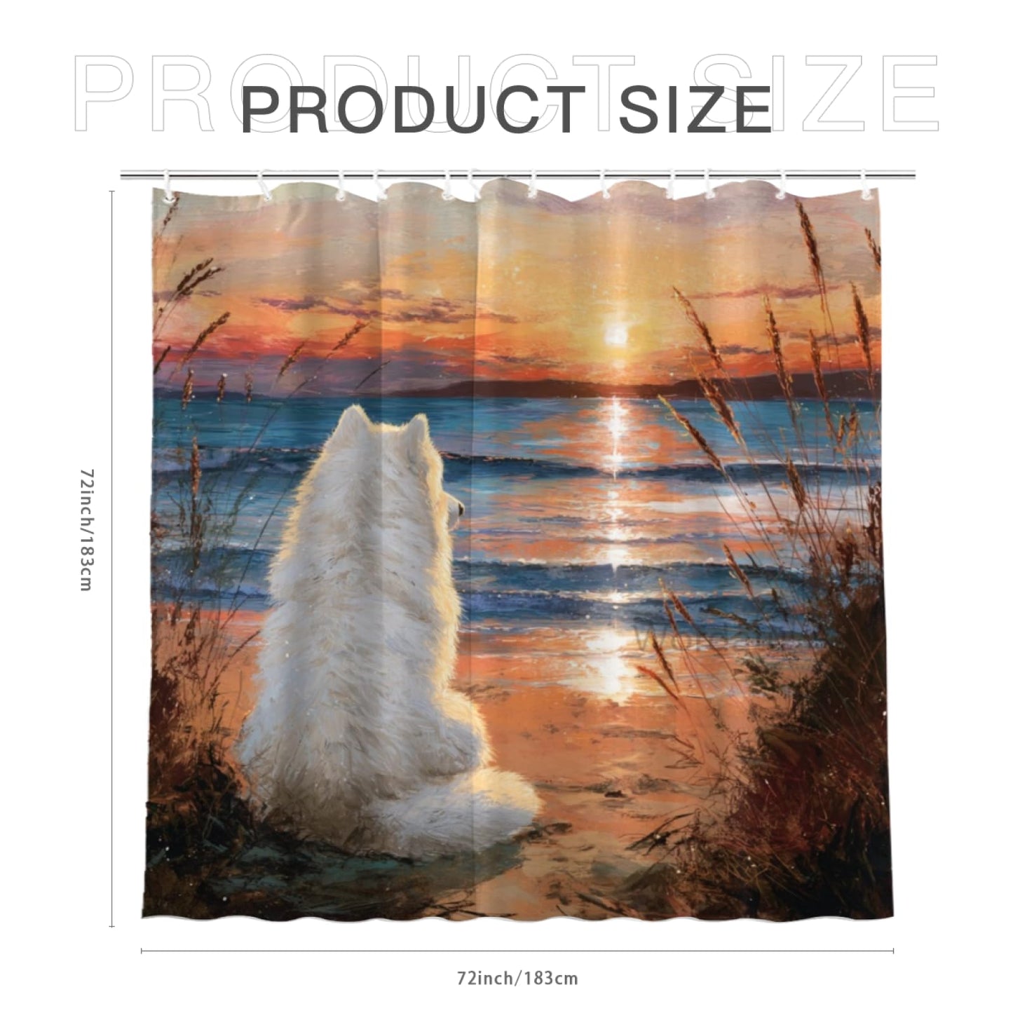 Wordatu Samoyed Shower Curtain on Sunset Sunrise Beach Seascape Art Shower Curtain Set, Nautical Ocean Bath Accessories Coastal Seaside Bathroom Decor 72x72 Inches