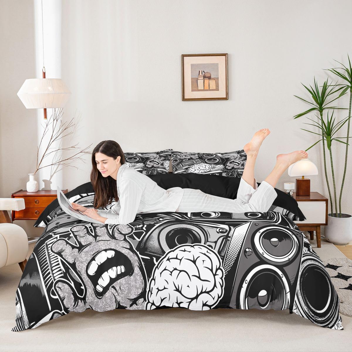 Feelyou Graffiti Bedding Set for Teens Boys King Rock Music Theme Duvet Cover Set Hip Hop Comforter Cover Set Kids Teenage Street Art Quilt Cover Hippie Room Decor Bedding with 2 Pillow Shams (3Pcs)