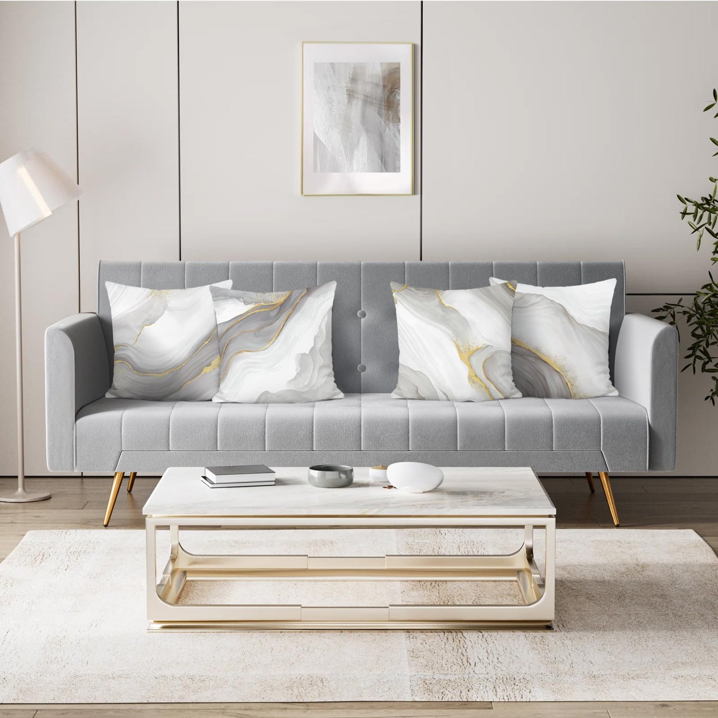 Bonhause Grey Gold Marble Throw Pillow Covers 18 x 18 Inch Modern Abstract Marble Texture Decorative Pillows Case Soft Velvet Cushion Covers for Couch Sofa Bed Home Decor Set of 4