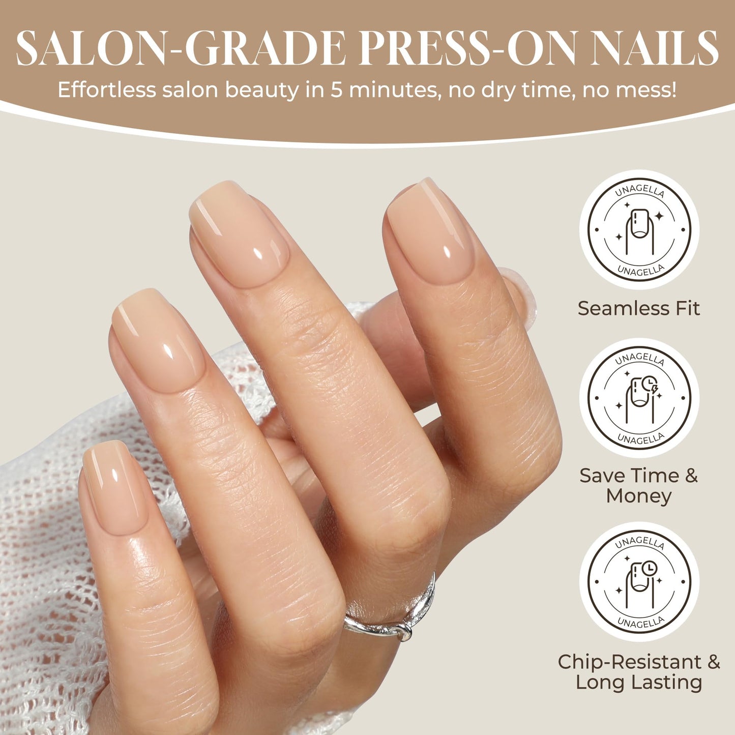 UNA GELLA Short Square Press On Nails: Nude Soft Gel Press Ons Short with Nail Glue, 16 Sizes - 32 Reusable Fake Nails Kit, Skin Tone Nude
