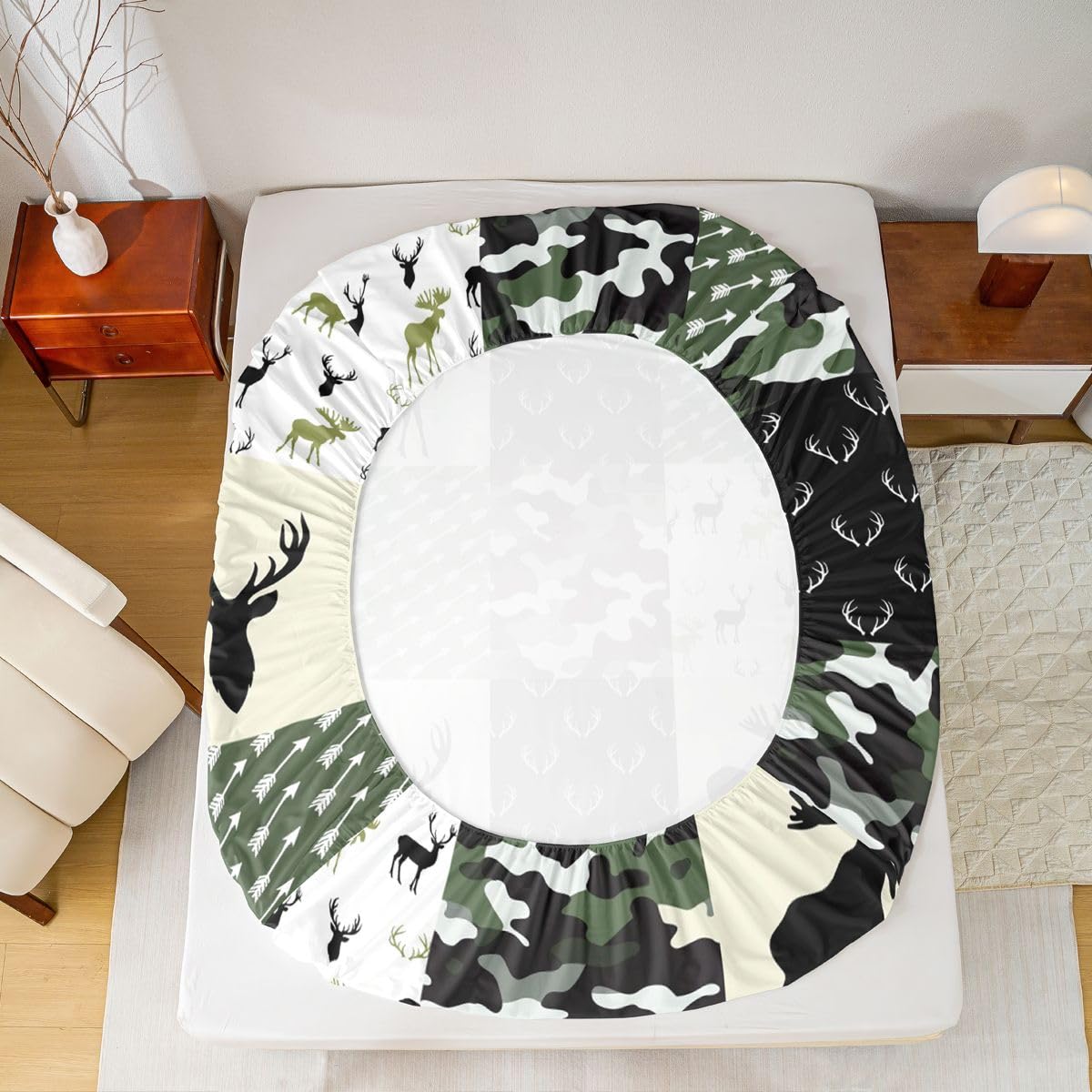 Army Green Camouflage Bedding Set, Camo Deer Silhouette Fitted Sheet for Kids Boys Teens Antlers Boho Arrows Bed Sheet Grid Militarily Fitted Bed Sheets 3 Pieces, Full Size(No Top Sheet)