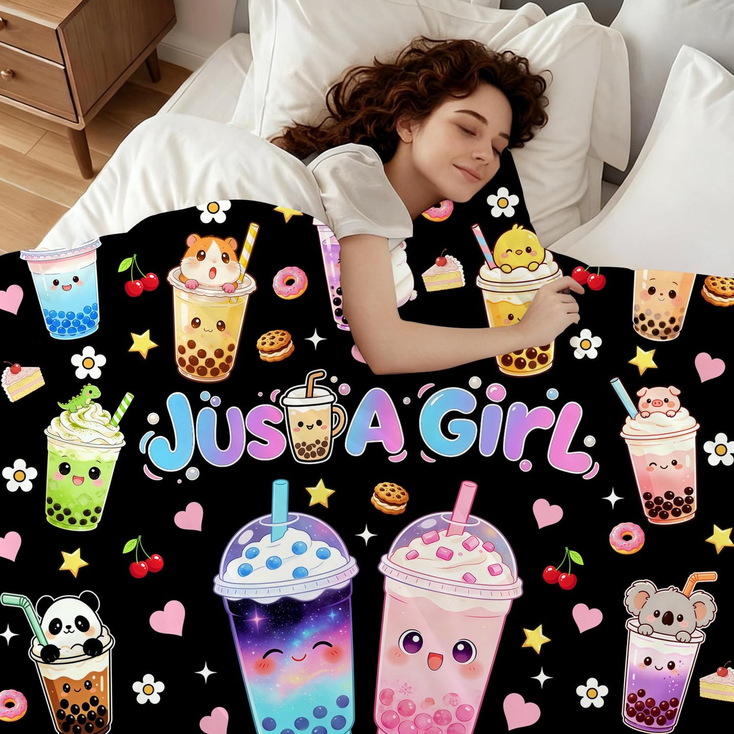 Boba Tea Blanket Soft Cozy Flannel Blanket Cute Bubble Tea Theme Blanket Bedding Decor Gifts for for Boba Lovers Girls Kids Women Adults 50"x40"