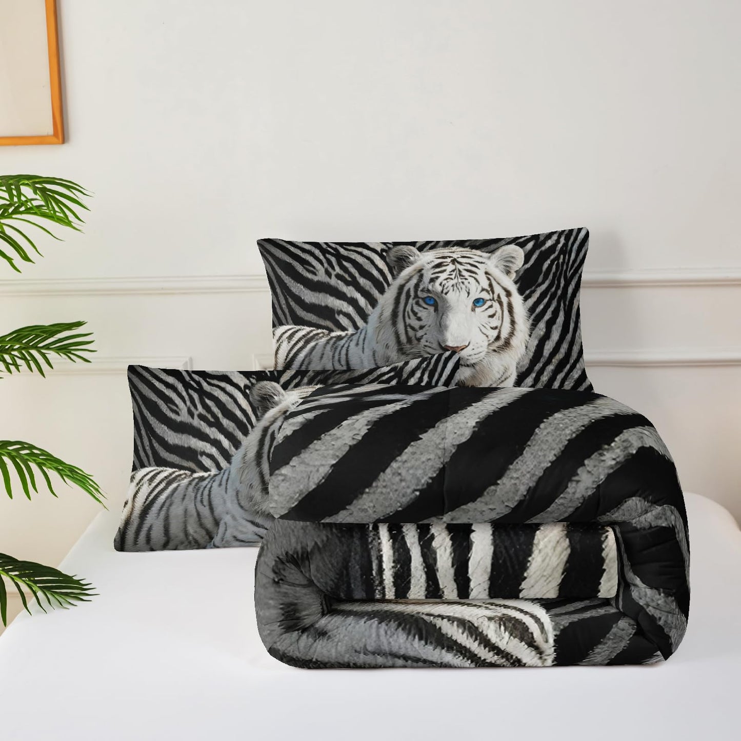 lneffble 3Pcs White Tiger Comforter Set Twin Size for Teen Boys Girls Room Decor,3D Animals Print Comforter Set,Wild Animals Theme Black White Stripe Tiger Bedding Set