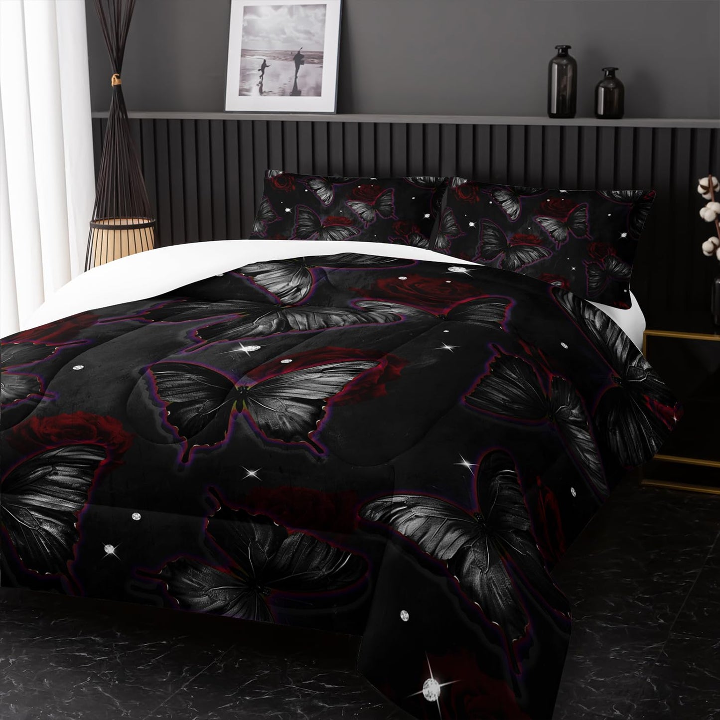 Black Butterfly Comforter Sets Twin Size, Black Butterfly Flowers 3D Animal Pattern Kids Bedding Sets for Girls Teens 3 Piece Bedroom Decor Comforter with 2 Pillowcases