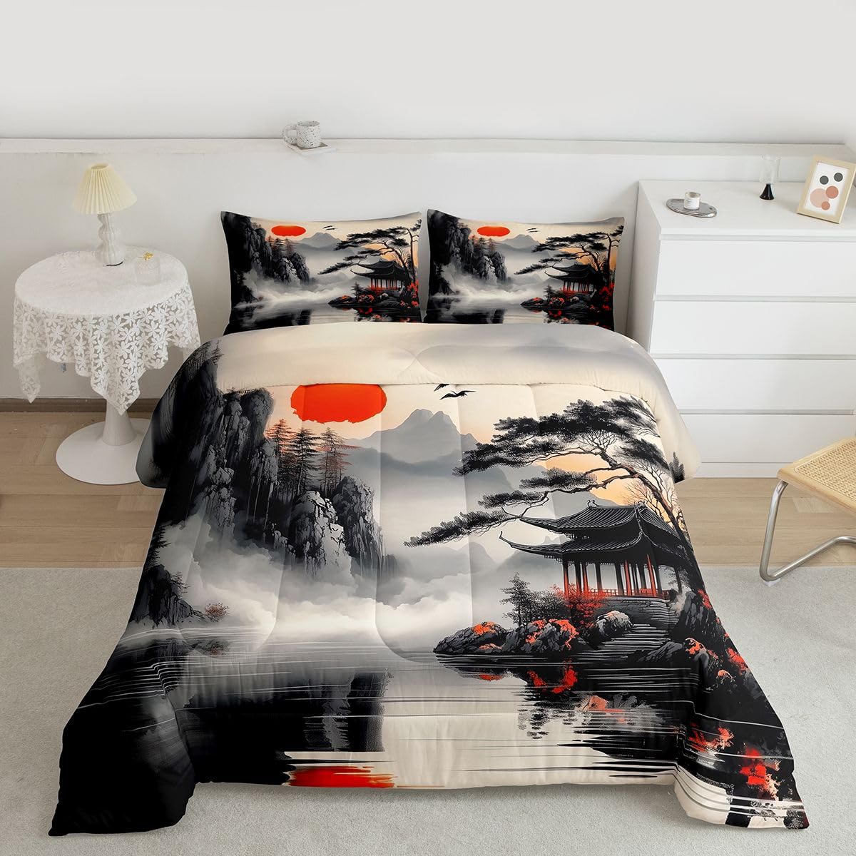jejeloiu Chinese Ink Painting Comforter Set Queen Size Japanese Style Bedding Set for Kids Boys Girls Red Sun Mountain Duvet Quilt Bedroom Decor Microfiber 3 Pcs with 2 Pillow Cases