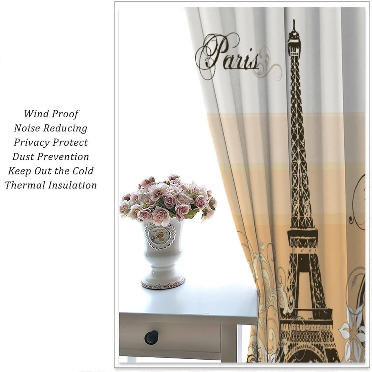 HZOHNAGO Paris Eiffel Tower Curtains Retro Figure Vintage Golden Tower Pattern Blackout Print Rod Pocket Window Drapes for Bedroom Living Room 42x45in