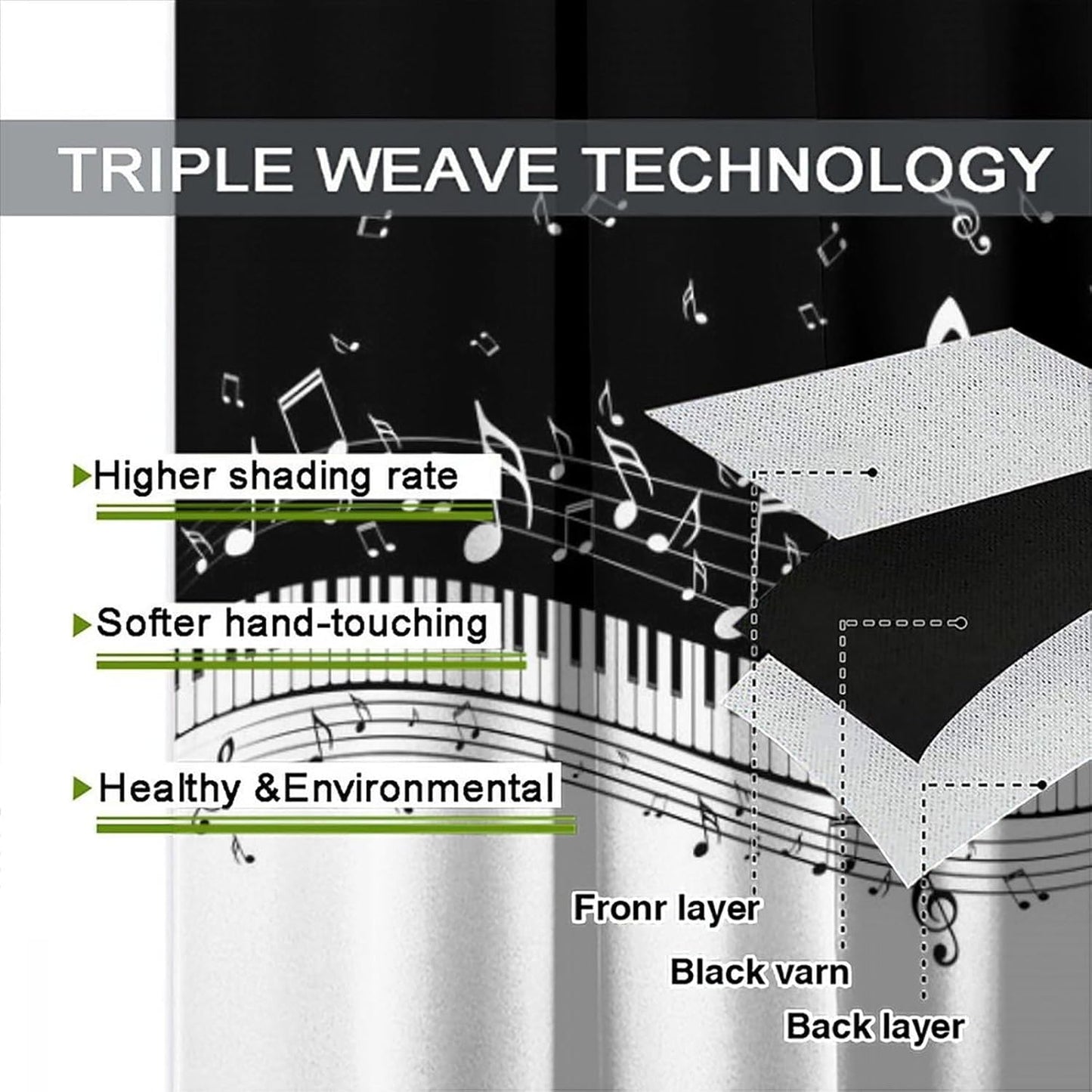 HZOHNAGO Music Curtain Black and White Musical Notes Piano Key Pattern Blackout Print Rod Pocket Window Drapes for Bedroom Living Room 42x45in