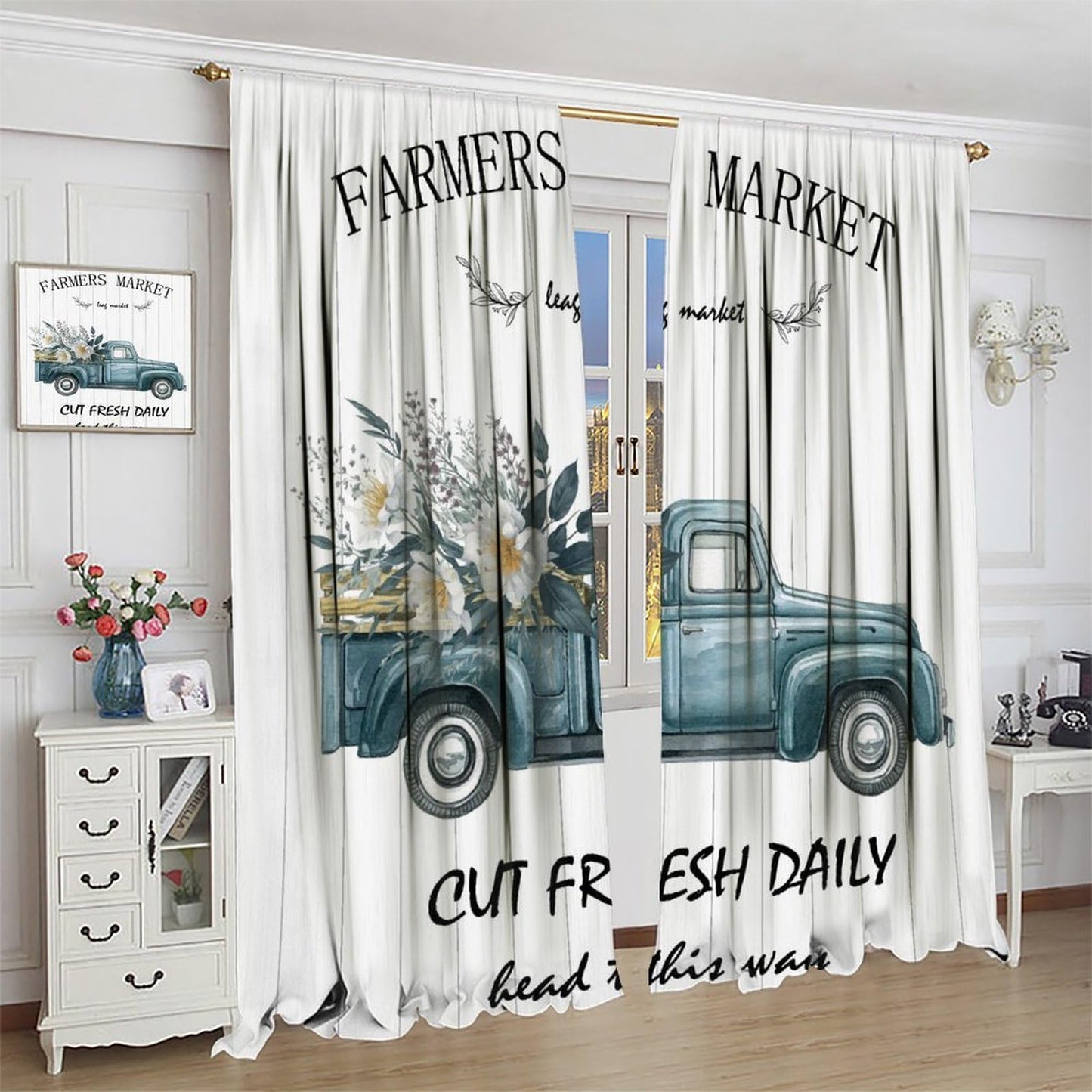 Nanacur Country Farmhouse Truck Curtains, Rural Farmhouse Truck Wooden Spring Flowers Plants Window Drapes, for Bedroom Living Room 42" W X 45" L (Decorative)
