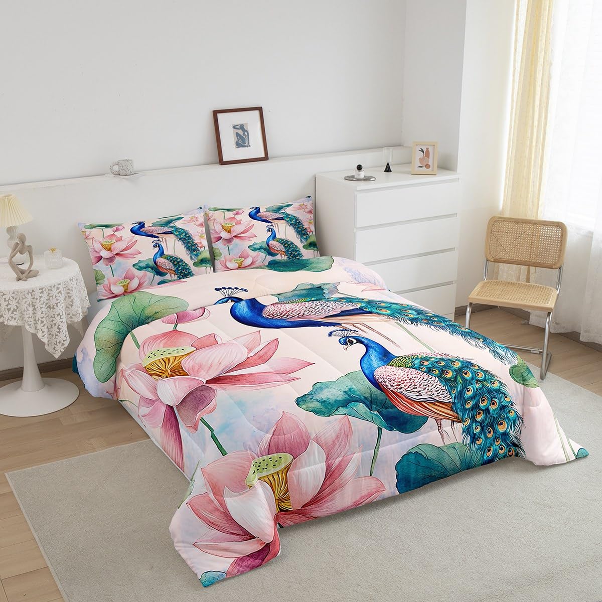 jejeloiu Peacock Bedding Set Full Size Kids Lotus Flower Comforter for Boys Girls Royal Peacock Bird Comforter Set Green Duvet Set Room Decorations Quilt Set