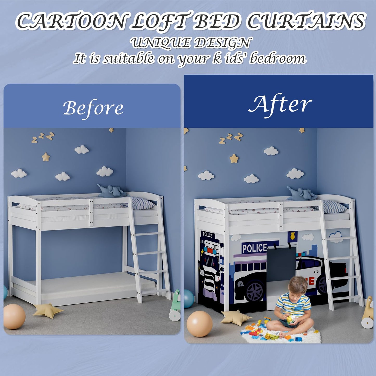 YRDKB Police Car Bed Curtains - 33H Premium and Customizable Cartoon Loft Bed Curtains for Children to Enhance The Imaginative Creation Bedroom Curtains(3PCS,Twins)