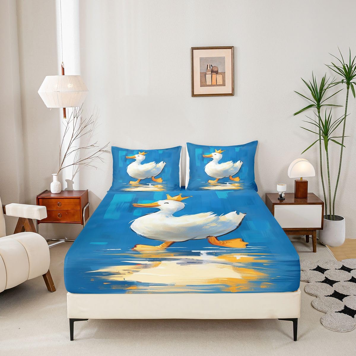 Erosebridal Cartoon Duck Bed Sheets Set Full Crown Duck Sheet Set Fun Whimsical Animal Sheets Farmhouse Pet Flat Fitted Sheet