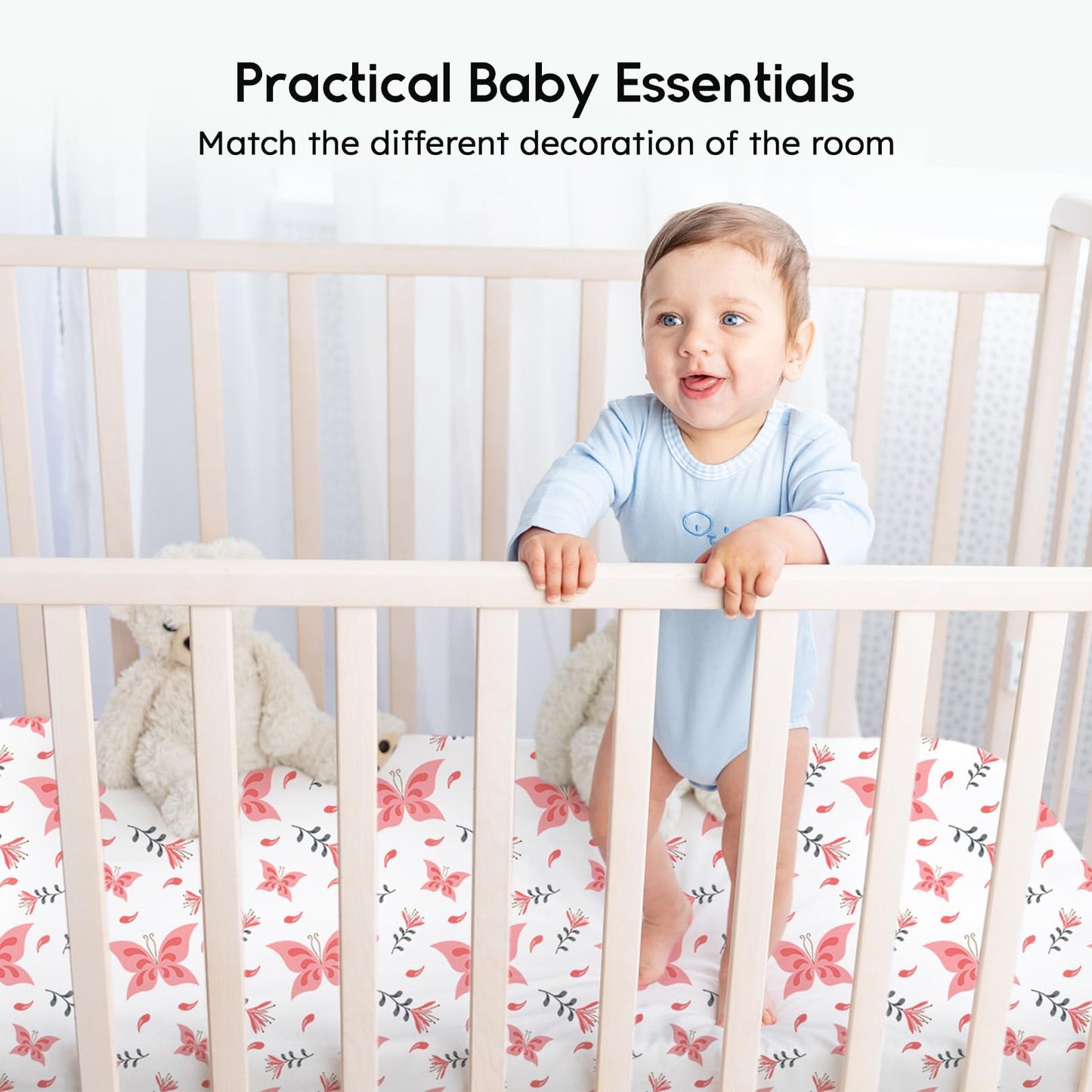 Yoofoss Baby Crib Sheets for Boys Girls, Fitted Crib Sheet 2 Pack for Standard Crib and Toddler Mattress, Super Soft Microfiber Baby Sheet 28x52x8in Pink + Butterflies