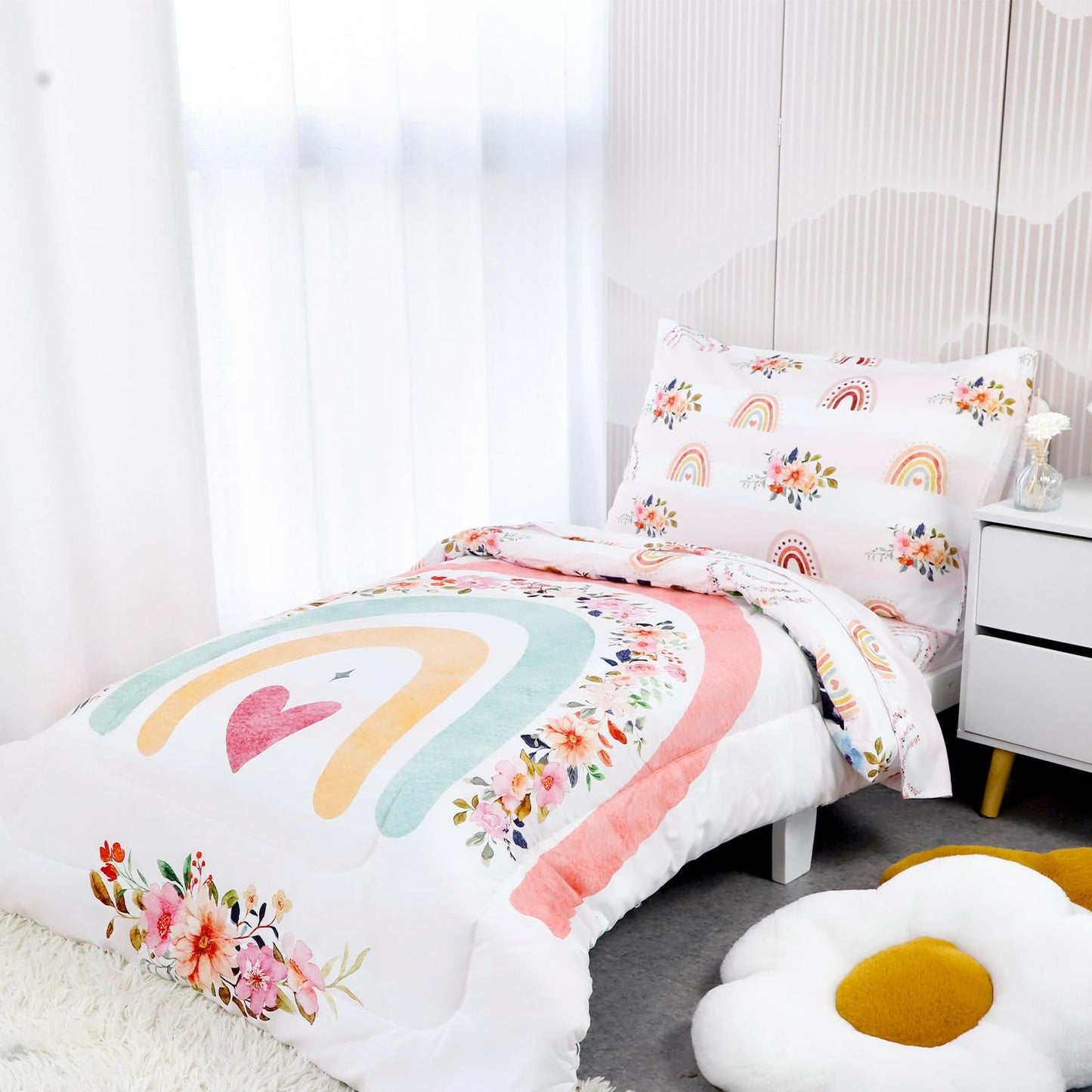 Toddler Bedding Sets for Girls, Rainbow Toddler Crib Bedding Set 4 Piece Pink Floral Toddler Comforter Set Includes Flat Top Sheet, Fitted Sheet, Comforter, Envelope Pillowcase, Soft & Comfort