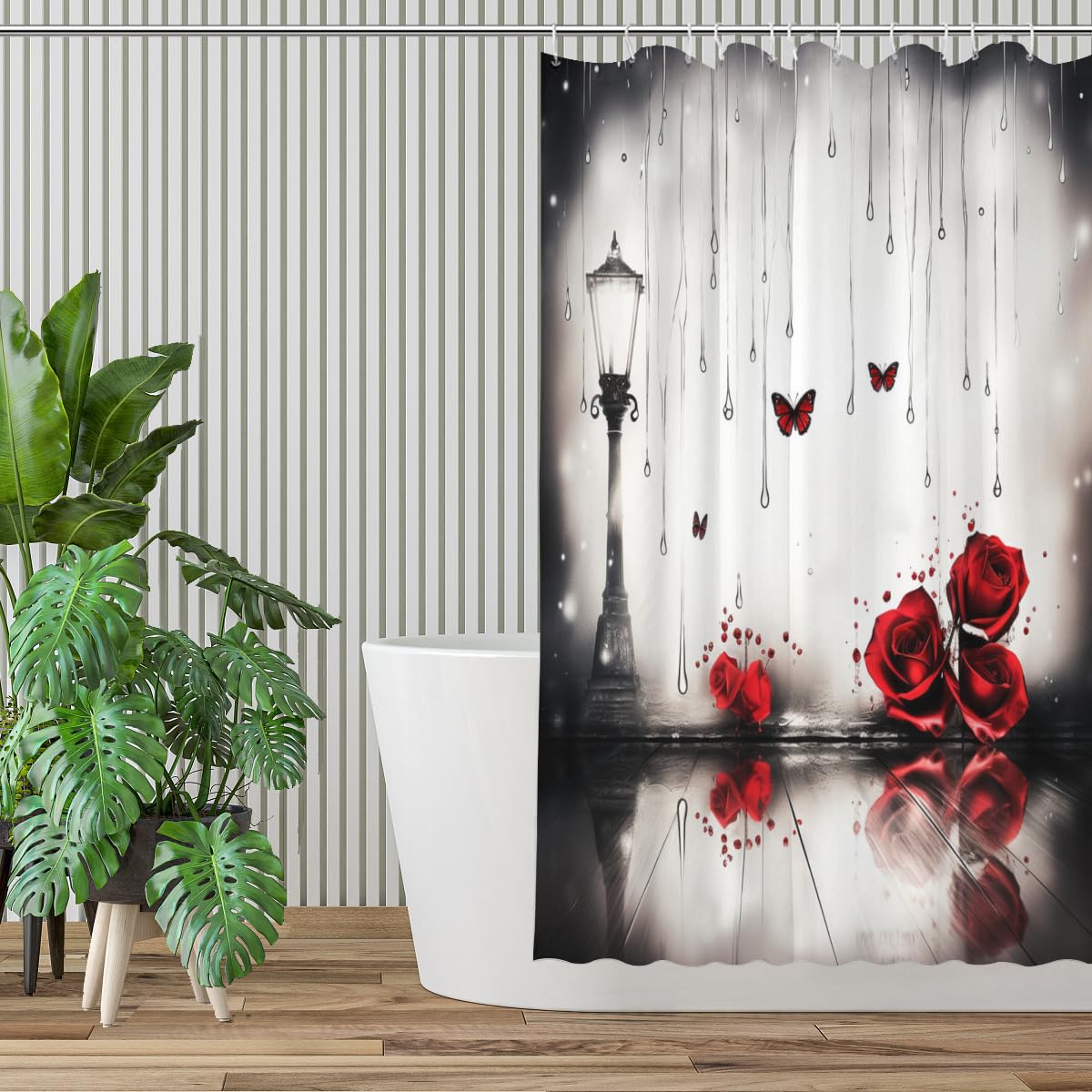 VELIRA Red Rose with Butterfly and Street lamp, Surreal Elements in Style, Romantic Feminine Girl Shower Curtain Decoration, red Rose Shower Curtain Set with 12 Hooks Polyester Fabric 60 * 72 inches
