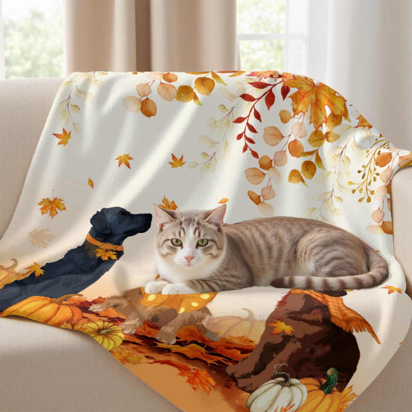 Arktrident Fall Dogs Throw Blanket Autumn Leaves Lightweight Bed Blankets Soft Flannel Fleece Plush Couch Cover for Chair Bedroom Living Room 50"X60"
