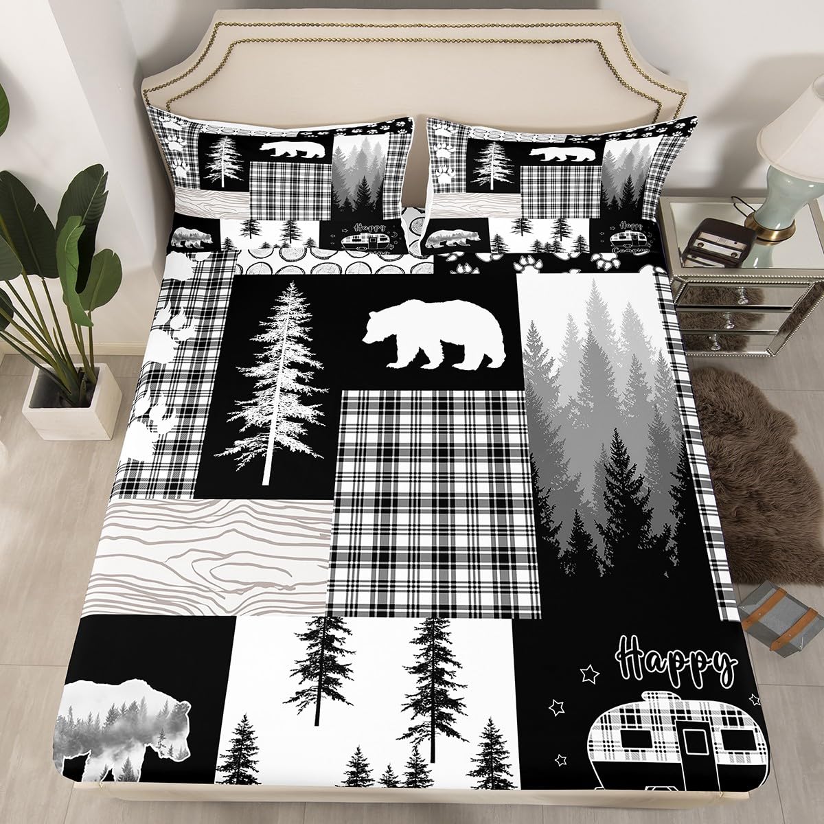Bear Sheet Set Queen Size,Wildlife Hunting Woodland Rustic Cabin Bed Sheets for Boys Girls Kids Adult,Camping Adventure Geometric Plaid Patchwork Fitted Sheet,Xmas Pine Tree Sheets Gray Black
