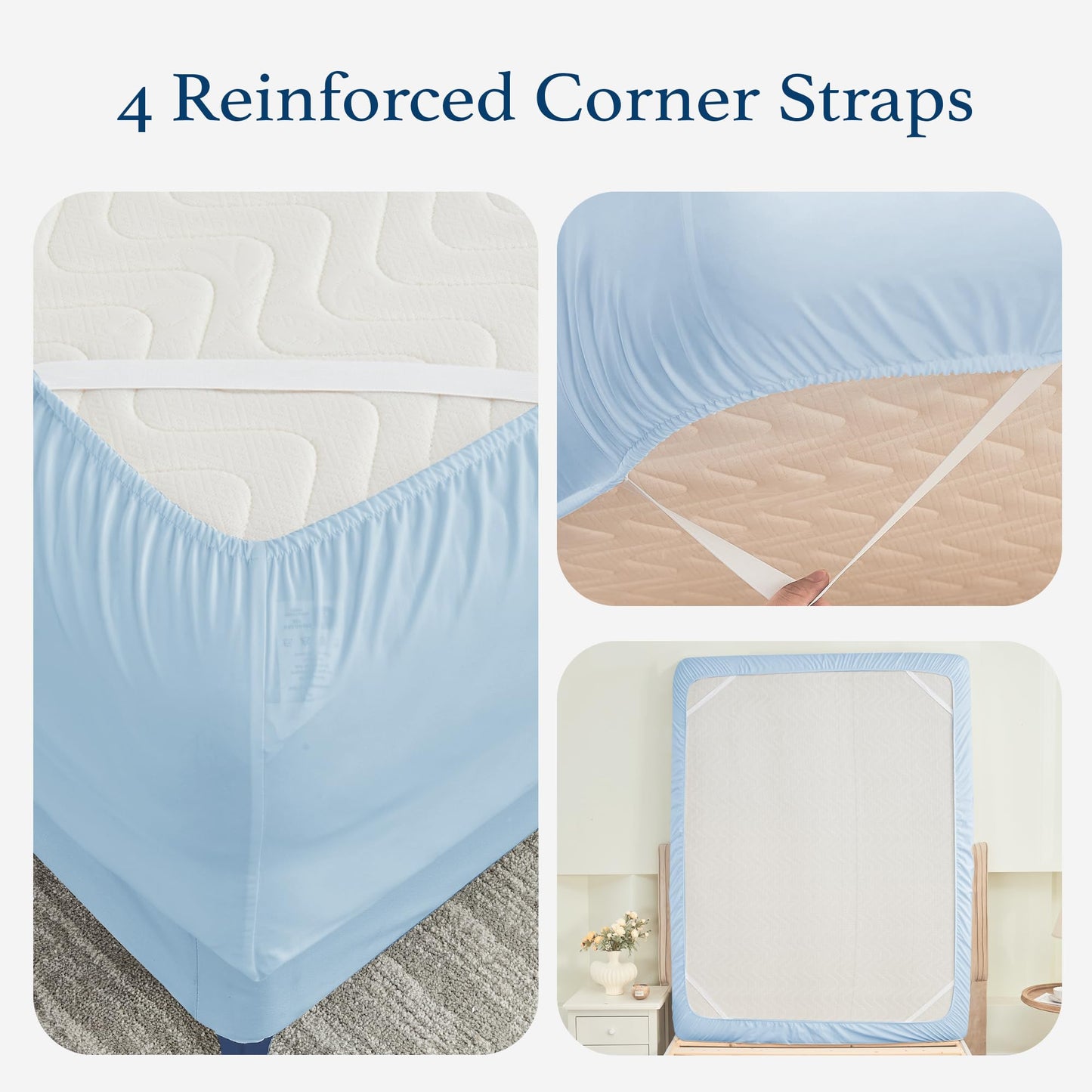 HOMTEC 100% Cotton Percale Fitted Sheet California King Size, 8-15" Deep Pocket Cooling Bottom Sheet, Breathable Soft & Crisp Fitted Sheet Only with 4 Corner Straps (Cal King, Light Blue)