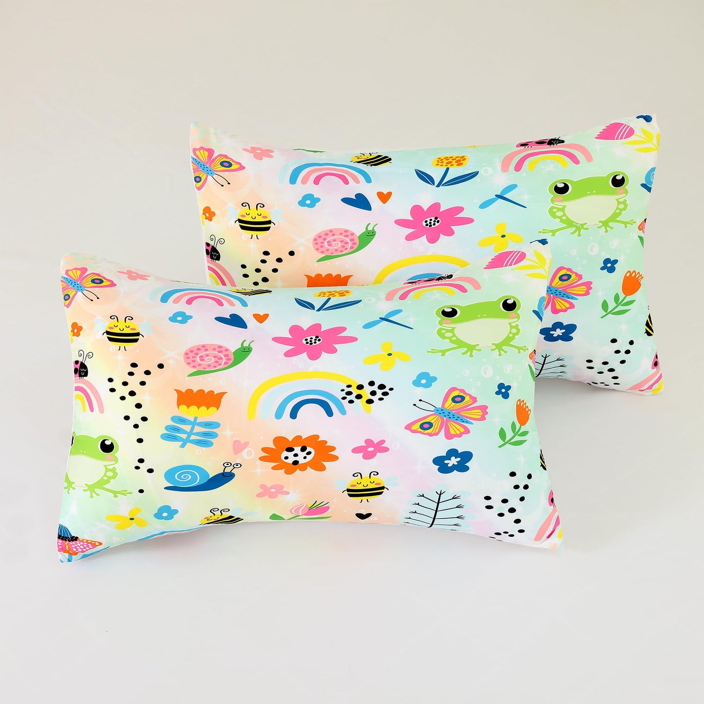 FUYEUN Rainbow Frogs Fitted Sheet Sets,Cartoon Floral Kids Bedding Twin Size for Girls Teens Adults Bedroom Bed, Kawaii Sheets Bedspread Set,1 Flat Sheet 1 Fitted Sheet 1 Pillowcase