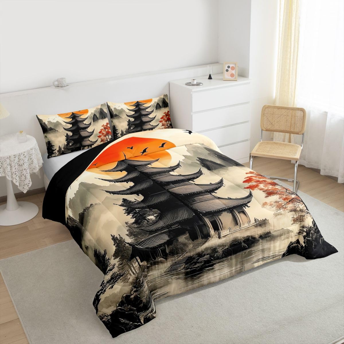 jejeloiu Chinese Ink Painting Bedding Set Soft for Boys Girls, Red Sun Mountain Comforter Set Queen Size Japanese Style Duvet Quilt Microfiber Bedroom Decor 3 Pcs with 2 Pillow Cases