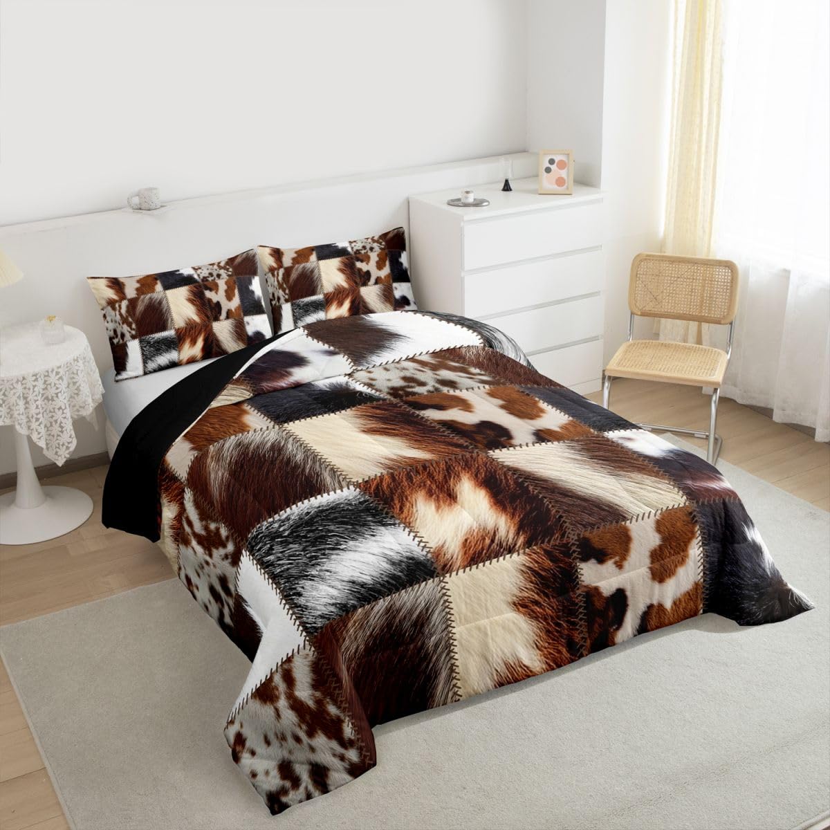 jejeloiu Cowhide Pattern Comforter Set Queen Size Cow Fur Print Bedding Set for Boys Girls Cowhide Patchwork Duvet Quilt Western Farm Animal Skin Bedroom Decor Microfiber 3 Pcs with 2 Pillow Cases