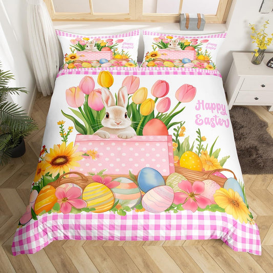 Erosebridal Easter Decorations,Rabbit Comforter Cover Happy Easter Themed Easter Egg Duvet Cover,Pink Yellow Tulip Flowers Checkered Grid Bedding Set Queen,Easter Gifts for Toddlers Kawaii Room Decor