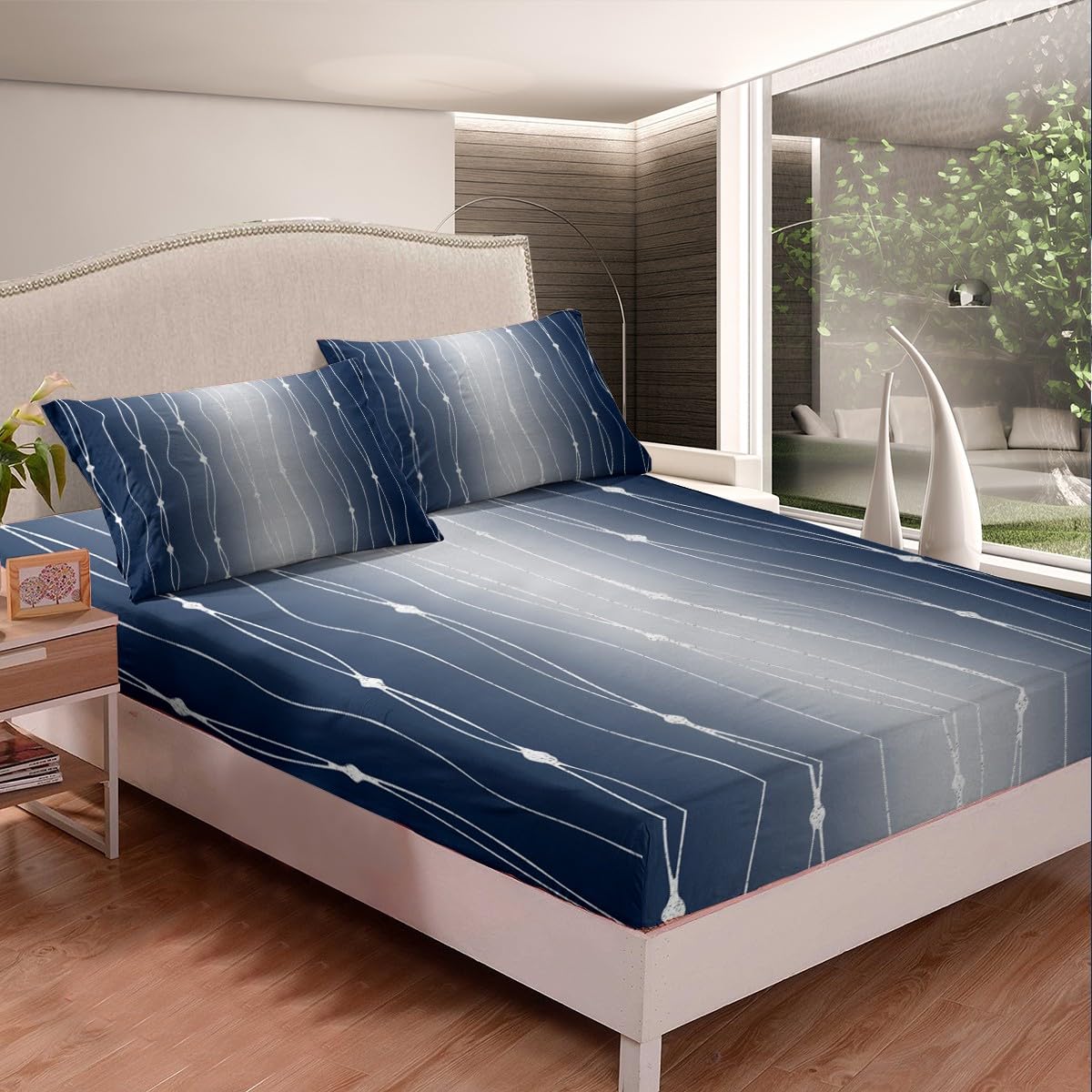 Erosebridal Navy Blue and Gray Gradient Bed Set Watercolor Ombre Bed Sheets Set, Abstract Aesthetic Sheet Set Queen Wave Line and Dots Sheets, Geometric Top Sheet Room Decor