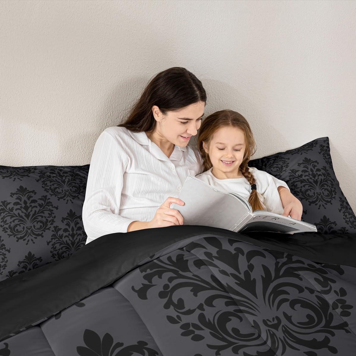 jejeloiu Damask Pattern Bedding Set Soft for Boys Girls, Floral Printed Comforter Set Queen Size Bohemian Damask Print Duvet Quilt Microfiber Baroque Style Bedroom Decor 3 Pcs with 2 Pillow Cases