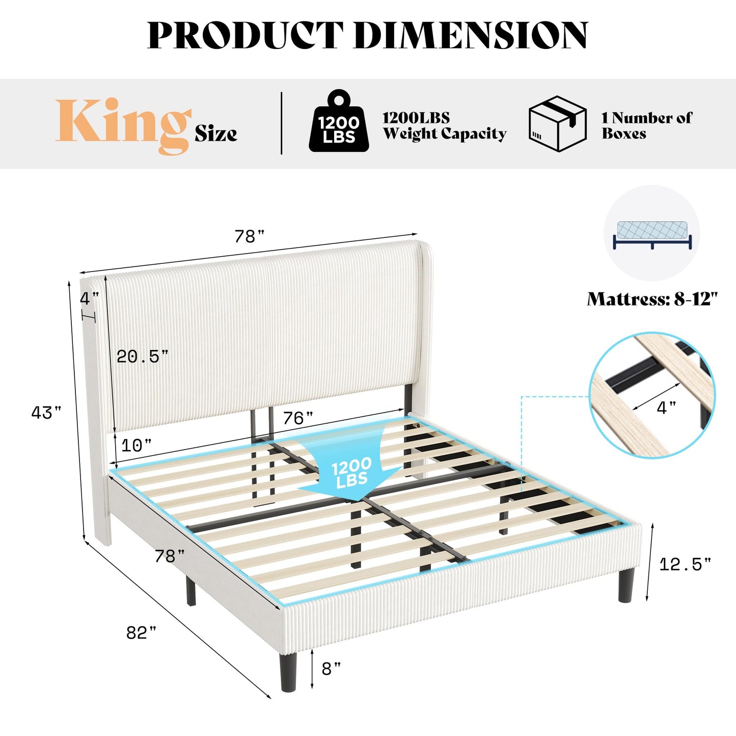 AMERLIFE King Bed Frame, Upholstered Platform Bed with Corduroy Headboard, Easy Assembly Modern White Bed Frame with Wooden Slats Support, No Box Spring Needed
