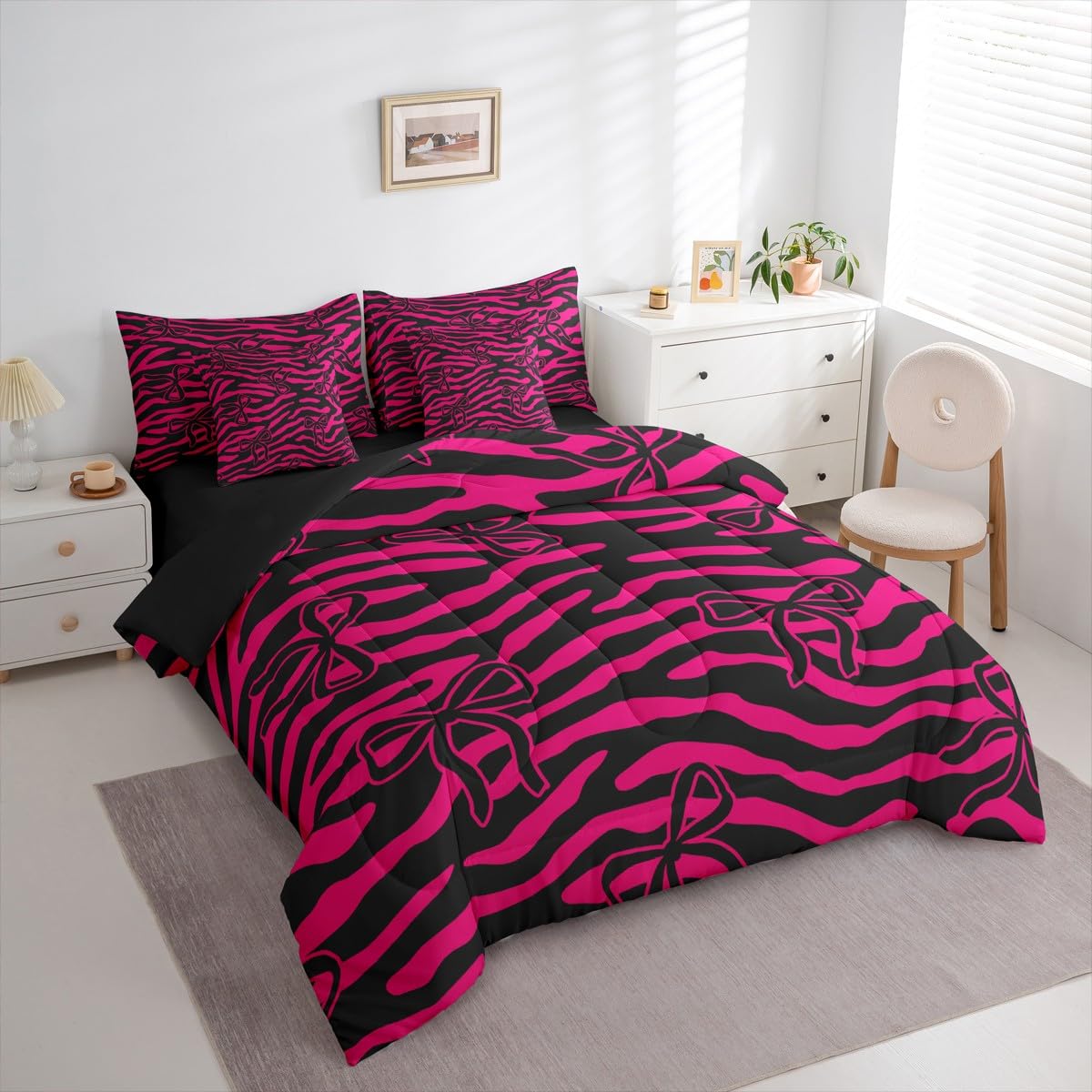 jejeloiu Bow Comforter Set with Sheets 7 Piece Twin Size Zebra Stripes Bedding Set for Kids Boys Girls Wild Animal Skin Bed in a Bag Cute Bowknot Room Decor Hot Pink Soft Lightweight Microfiber